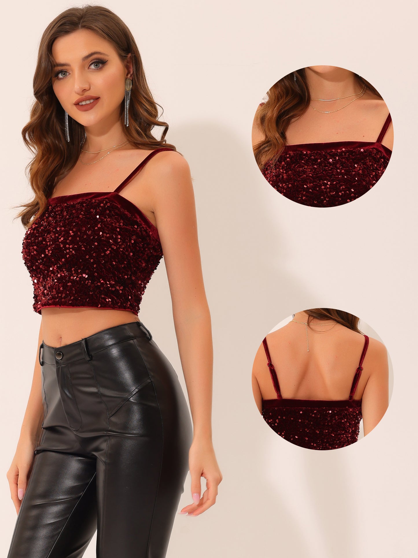 Top corto de tirantes finos de terciopelo con lentejuelas para mujer para fiesta en club