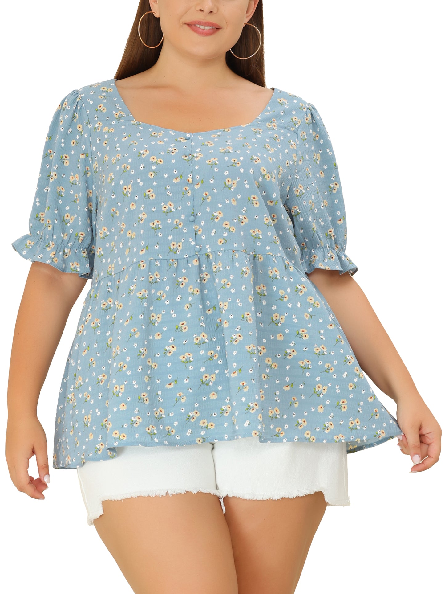 Women Plus Size Blouse Sweetheart Neck Floral Peplum Top