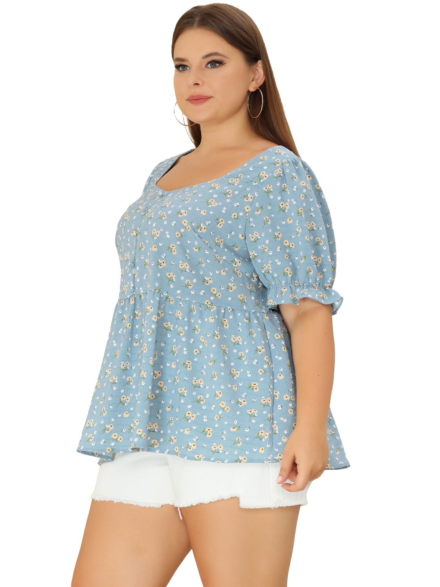 Women Plus Size Blouse Sweetheart Neck Floral Peplum Top