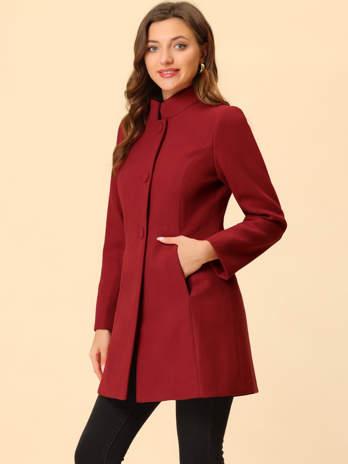 Women's Winter Overcoat Mid-Long Stand Collar Single Breasted Coat Outerwear, Deep Colors