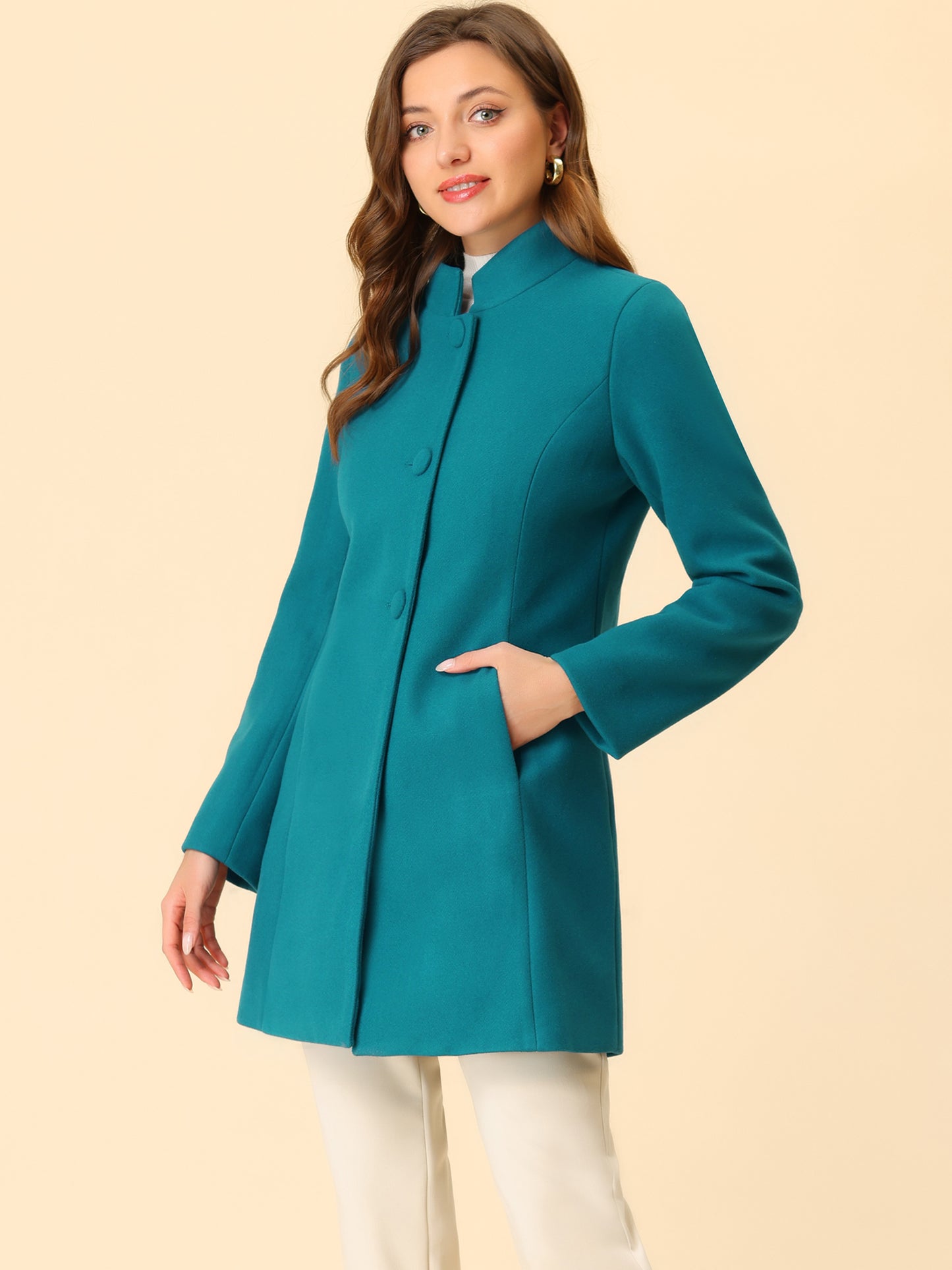 Women's Winter Overcoat Mid-Long Stand Collar Single Breasted Coat Outerwear, Light Colors