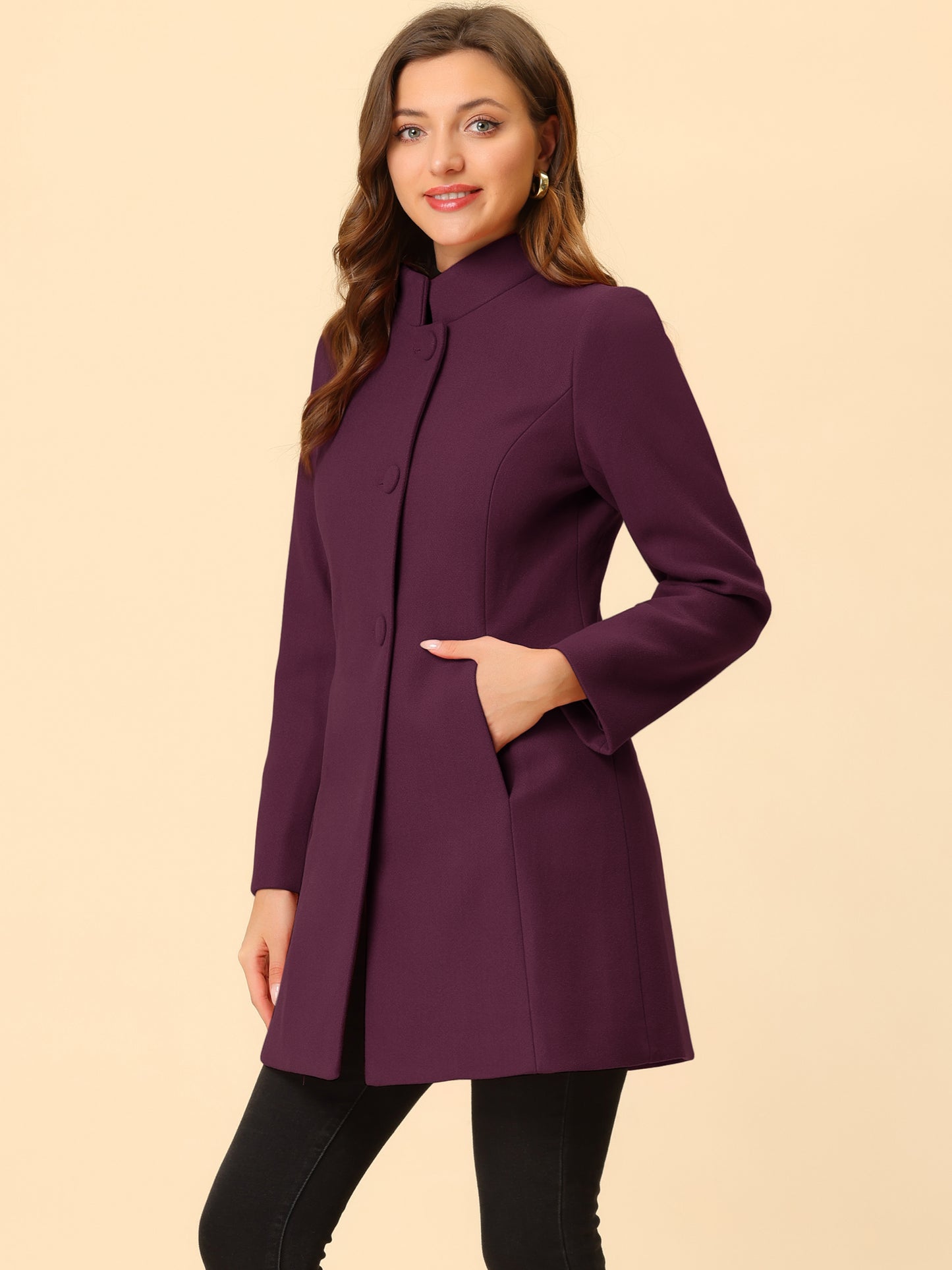 Women's Winter Overcoat Mid-Long Stand Collar Single Breasted Coat Outerwear, Deep Colors