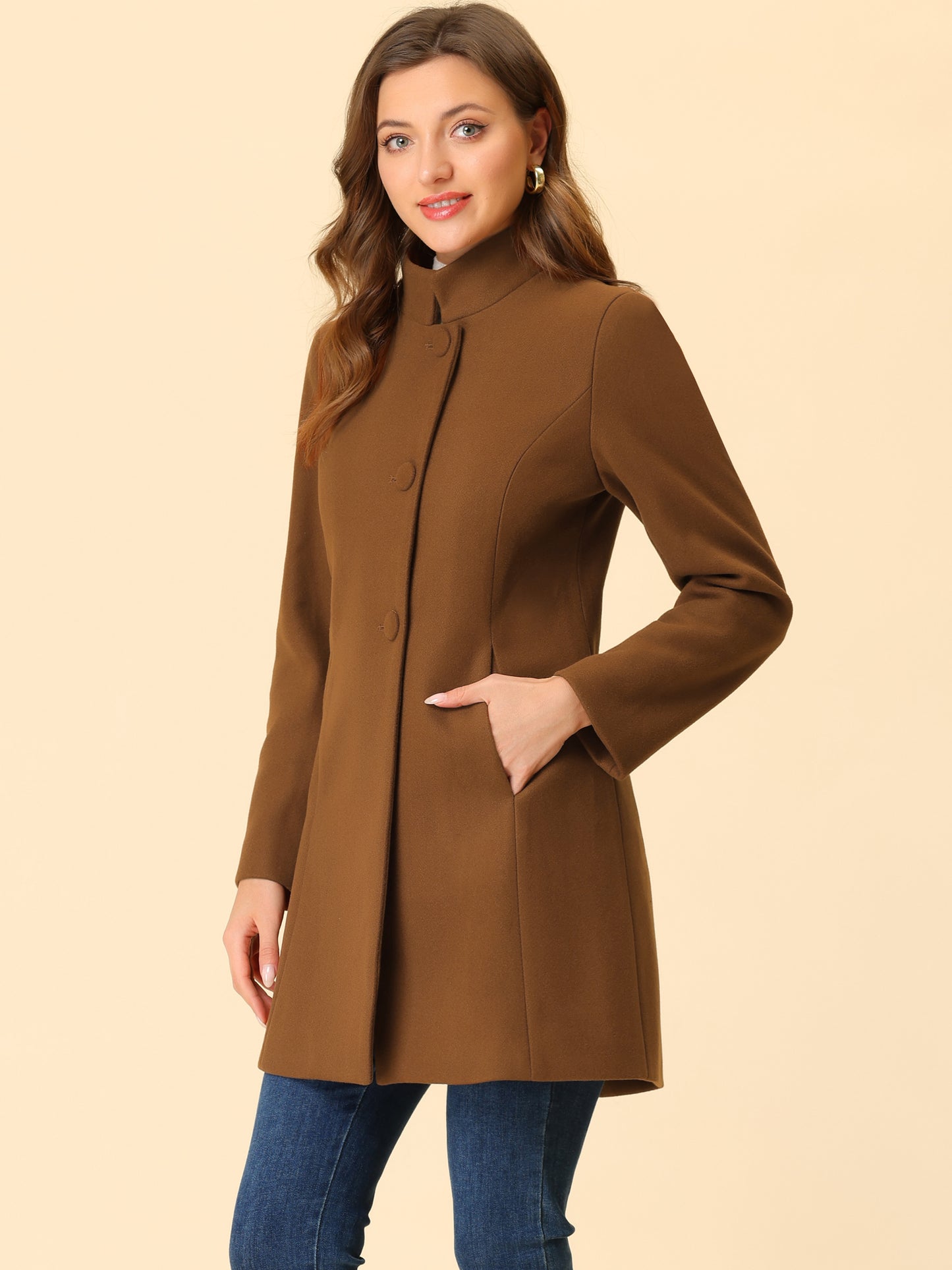 Women's Winter Overcoat Mid-Long Stand Collar Single Breasted Coat Outerwear, Deep Colors