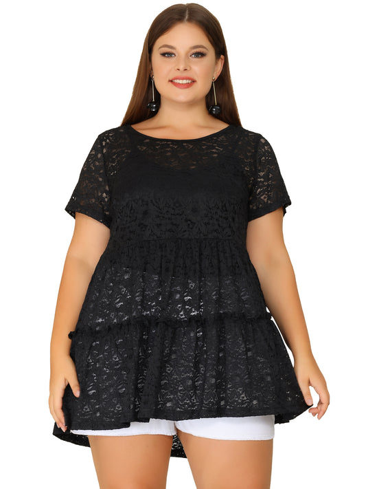 Women Plus Size Babydolls Blouse Lace Allover Short Sleeve Tiered Peplum Top