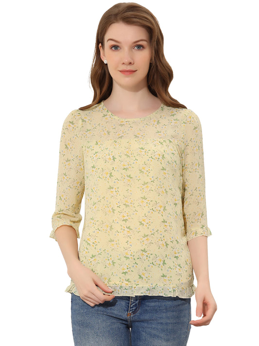 Women's Casual Ruffle 3/4 Sleeve Floral Print Chiffon Blouse