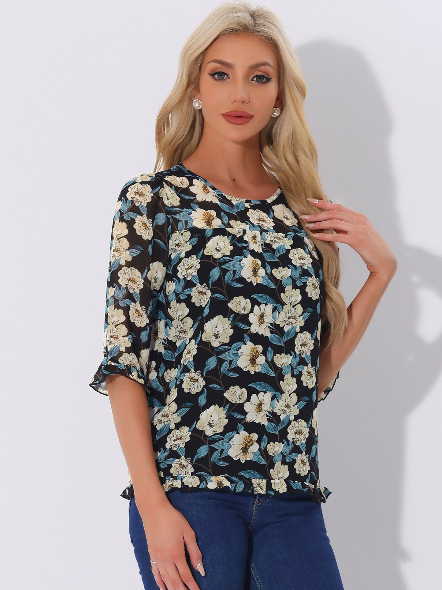Women's Casual Ruffle 3/4 Sleeve Floral Print Chiffon Blouse