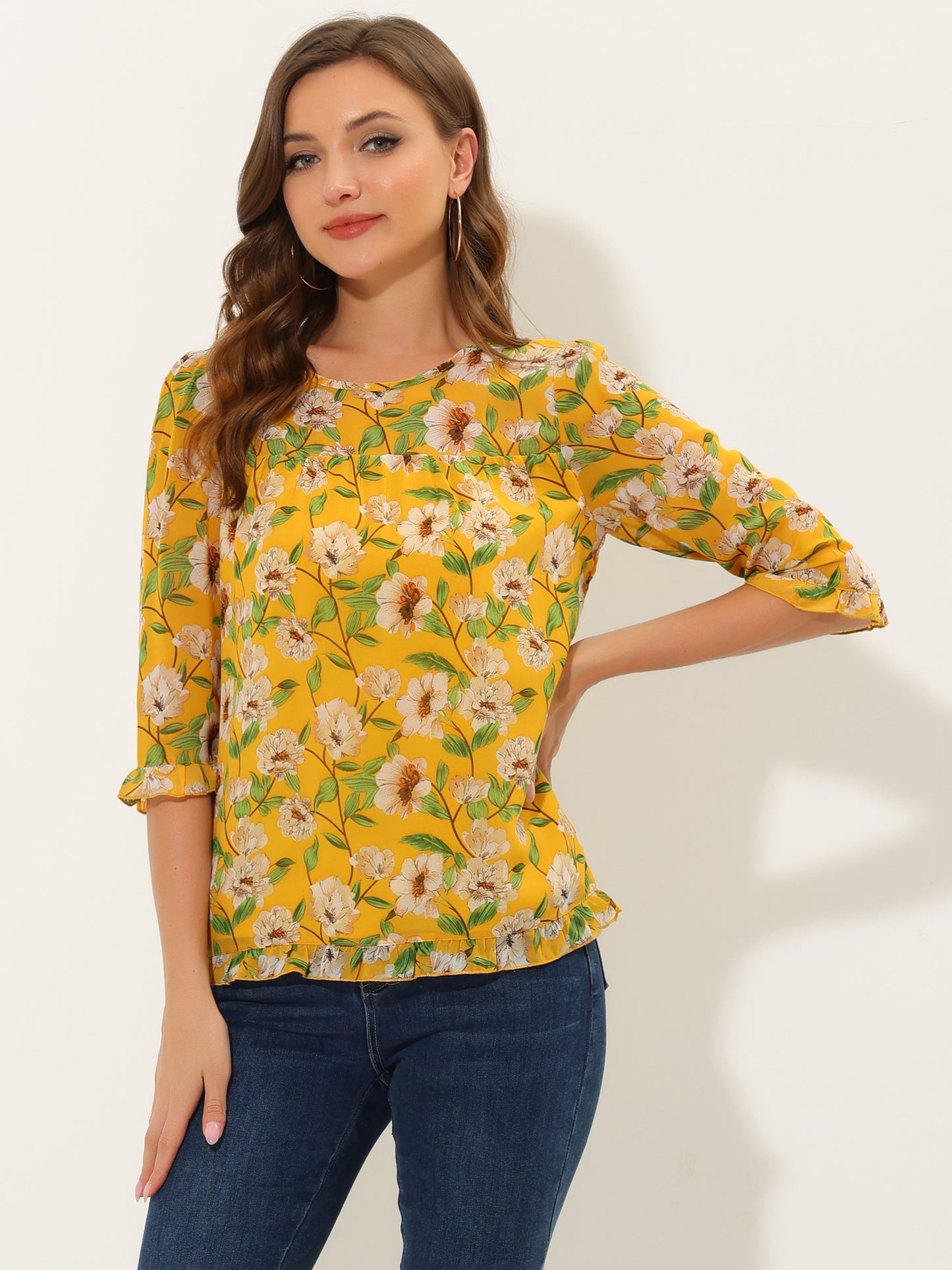 Women's Casual Ruffle 3/4 Sleeve Floral Print Chiffon Blouse