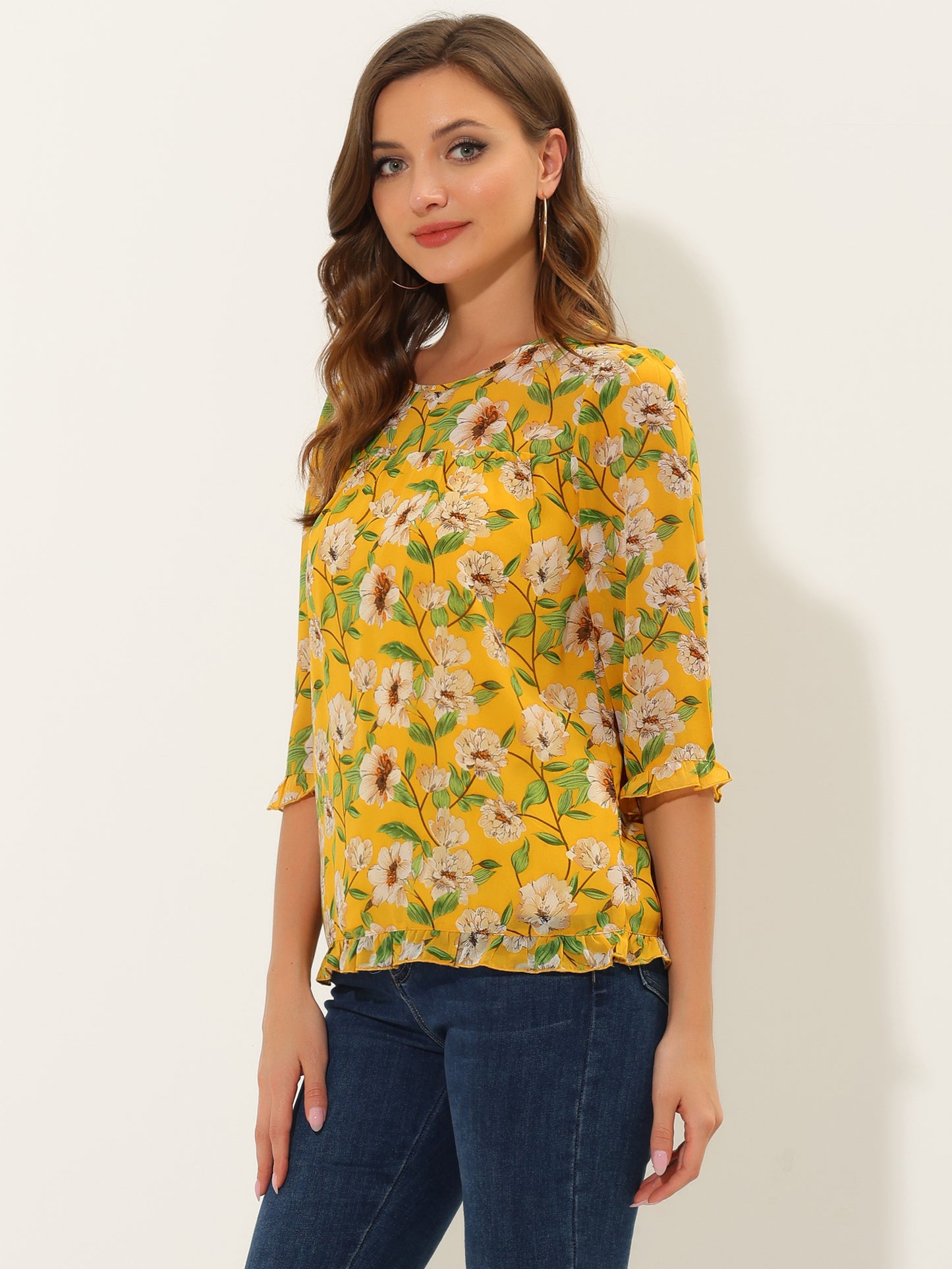 Women's Casual Ruffle 3/4 Sleeve Floral Print Chiffon Blouse
