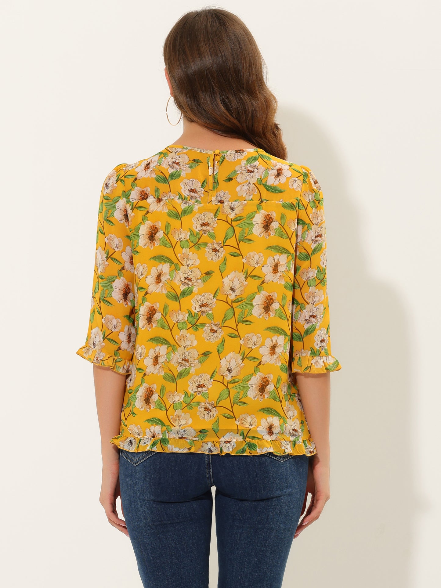 Women's Casual Ruffle 3/4 Sleeve Floral Print Chiffon Blouse