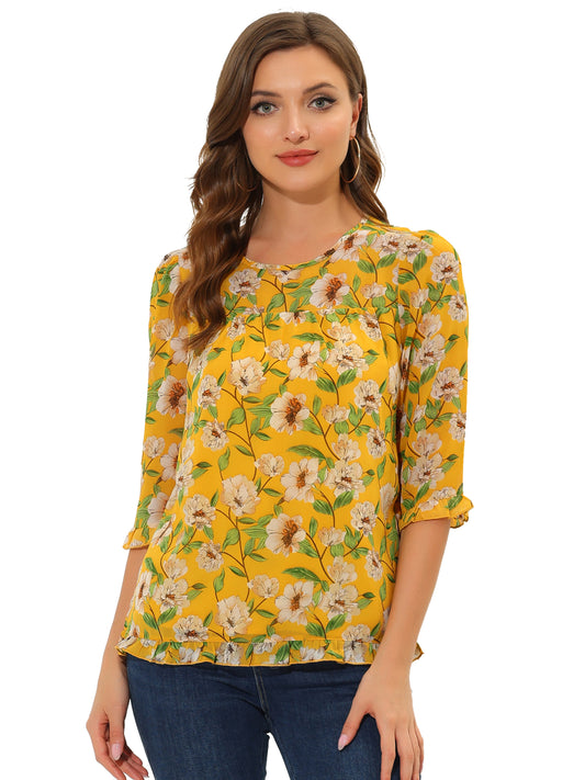 Women's Casual Ruffle 3/4 Sleeve Floral Print Chiffon Blouse