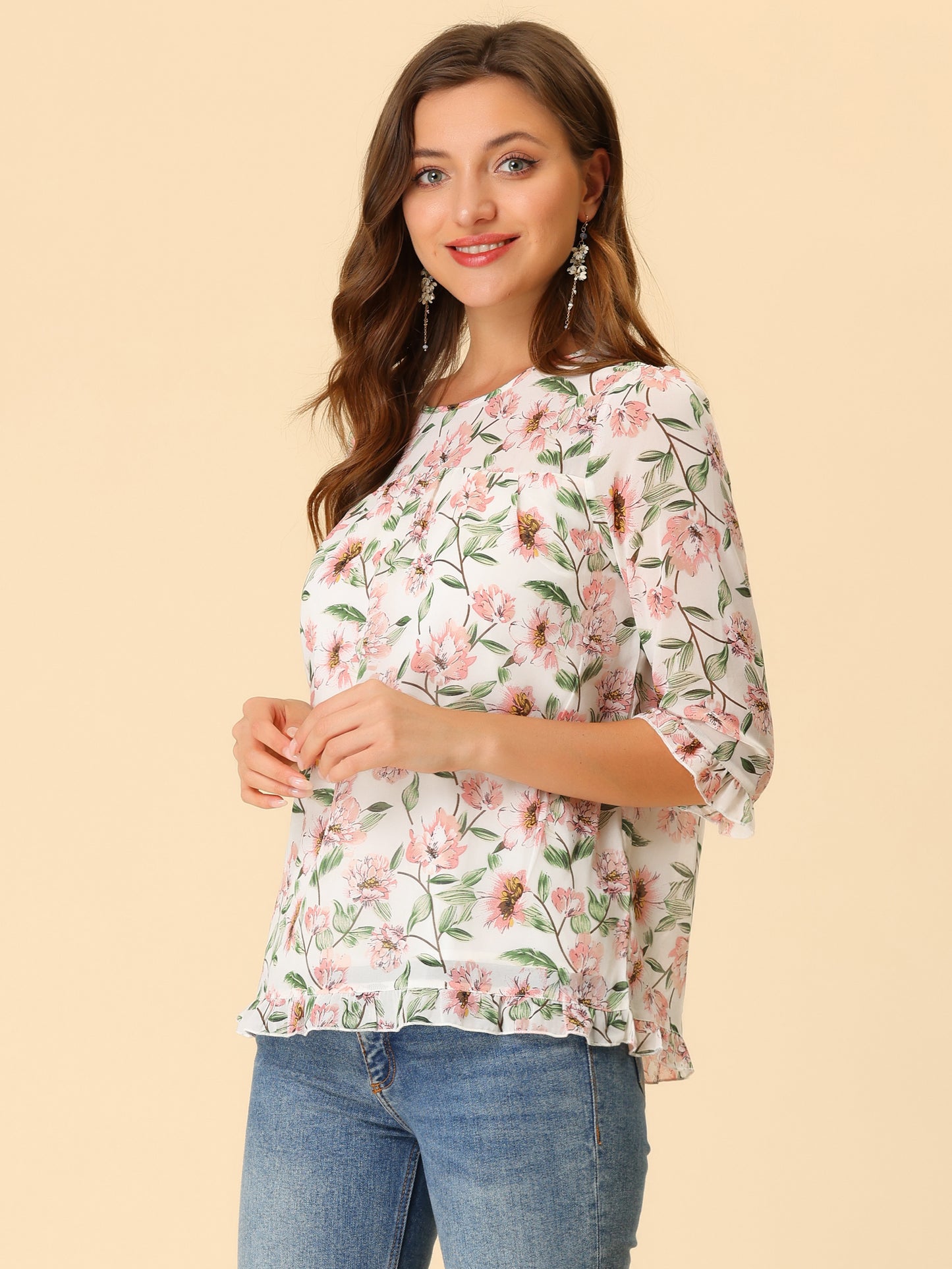 Women's Casual Ruffle 3/4 Sleeve Floral Print Chiffon Blouse