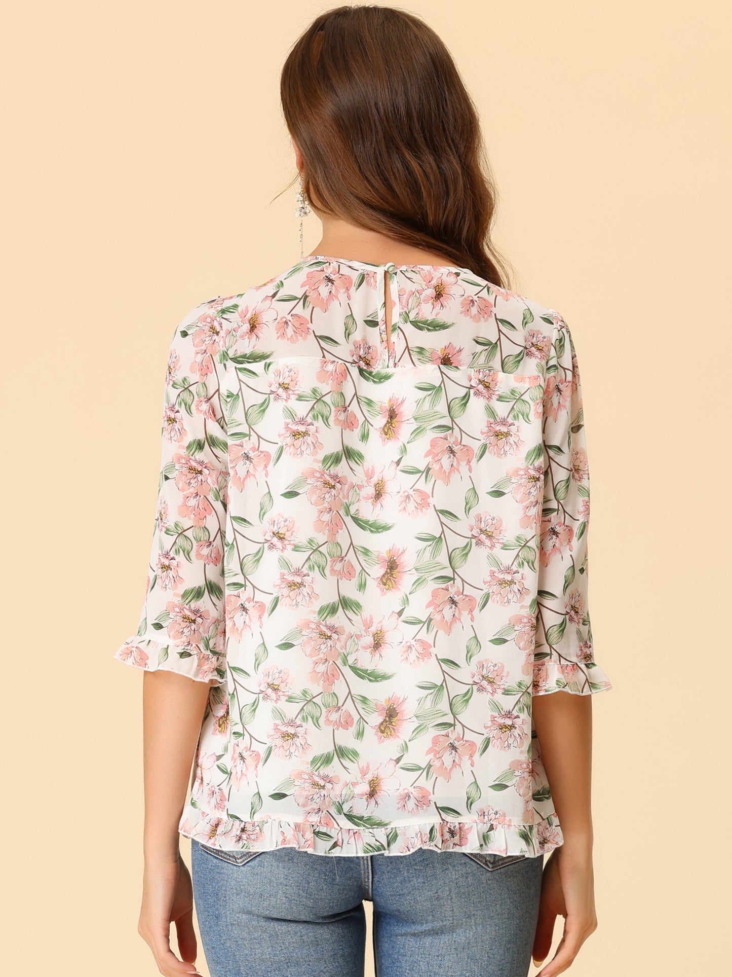 Women's Casual Ruffle 3/4 Sleeve Floral Print Chiffon Blouse