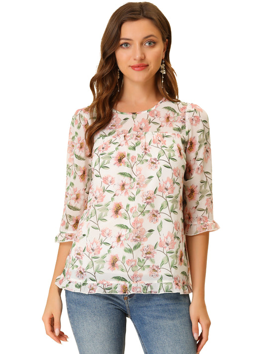 Women's Casual Ruffle 3/4 Sleeve Floral Print Chiffon Blouse