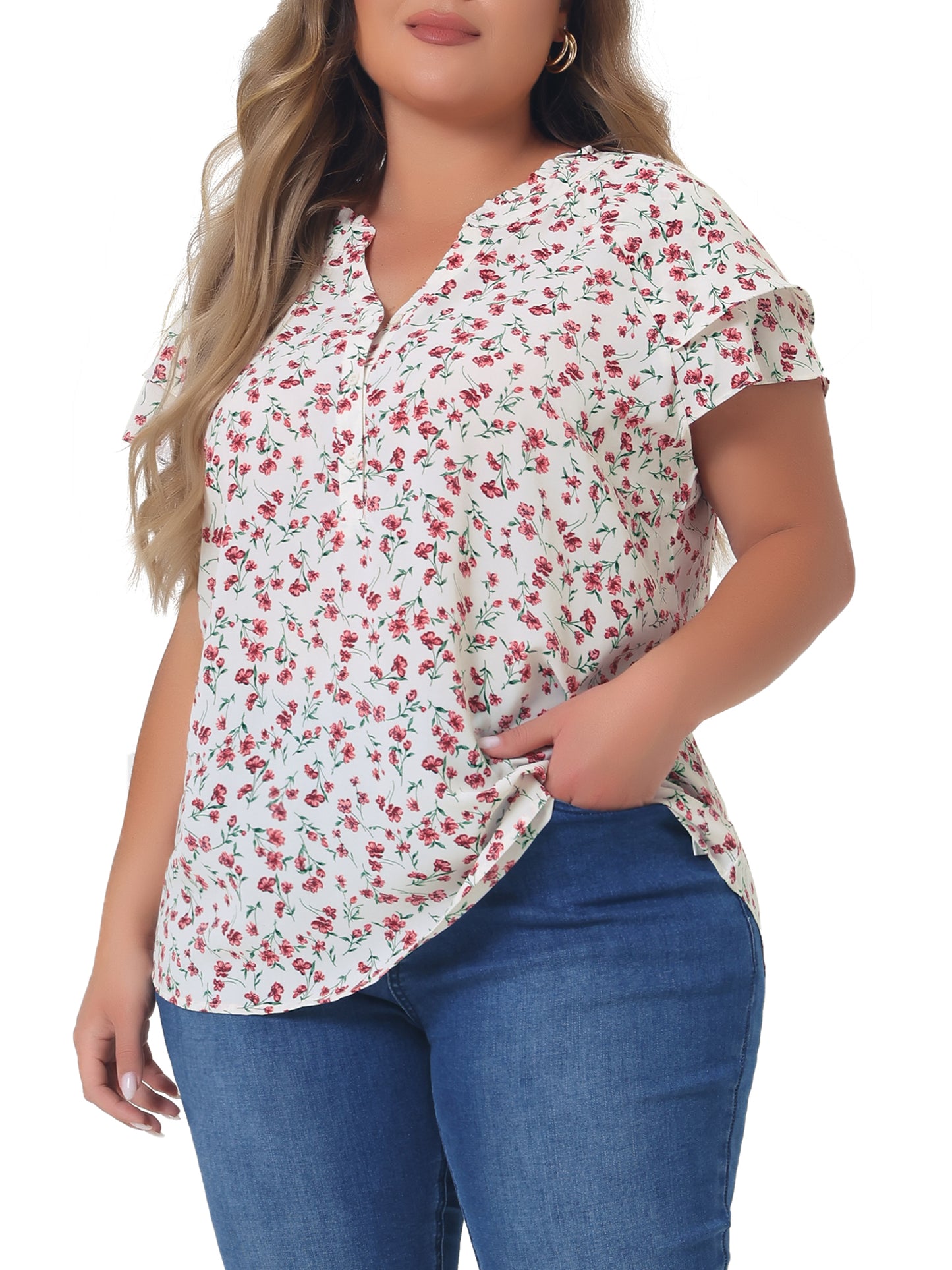Women's Plus Size Top Floral Printed Ruffle Trim V Neck Layered Sleeve Blouse