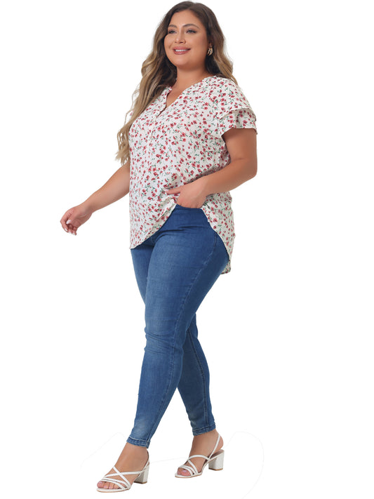 Women's Plus Size Top Floral Printed Ruffle Trim V Neck Layered Sleeve Blouse