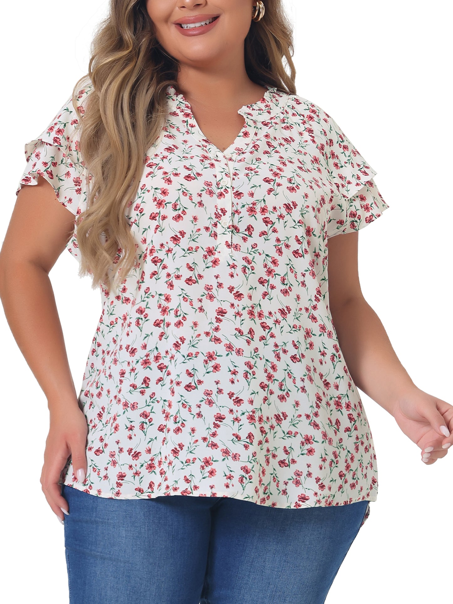 Women's Plus Size Top Floral Printed Ruffle Trim V Neck Layered Sleeve Blouse