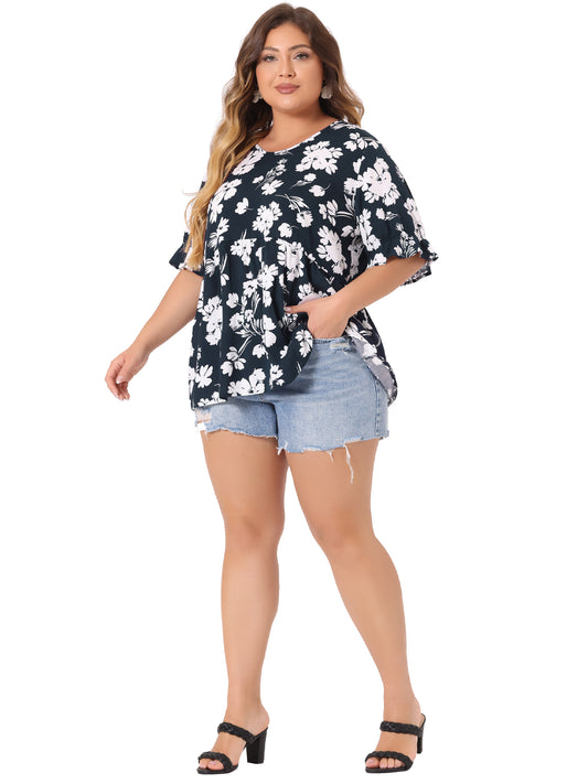 Women's Plus Size Top V Neck Floral Print Ruffle Short Sleeve Tiered Babydoll Blouse