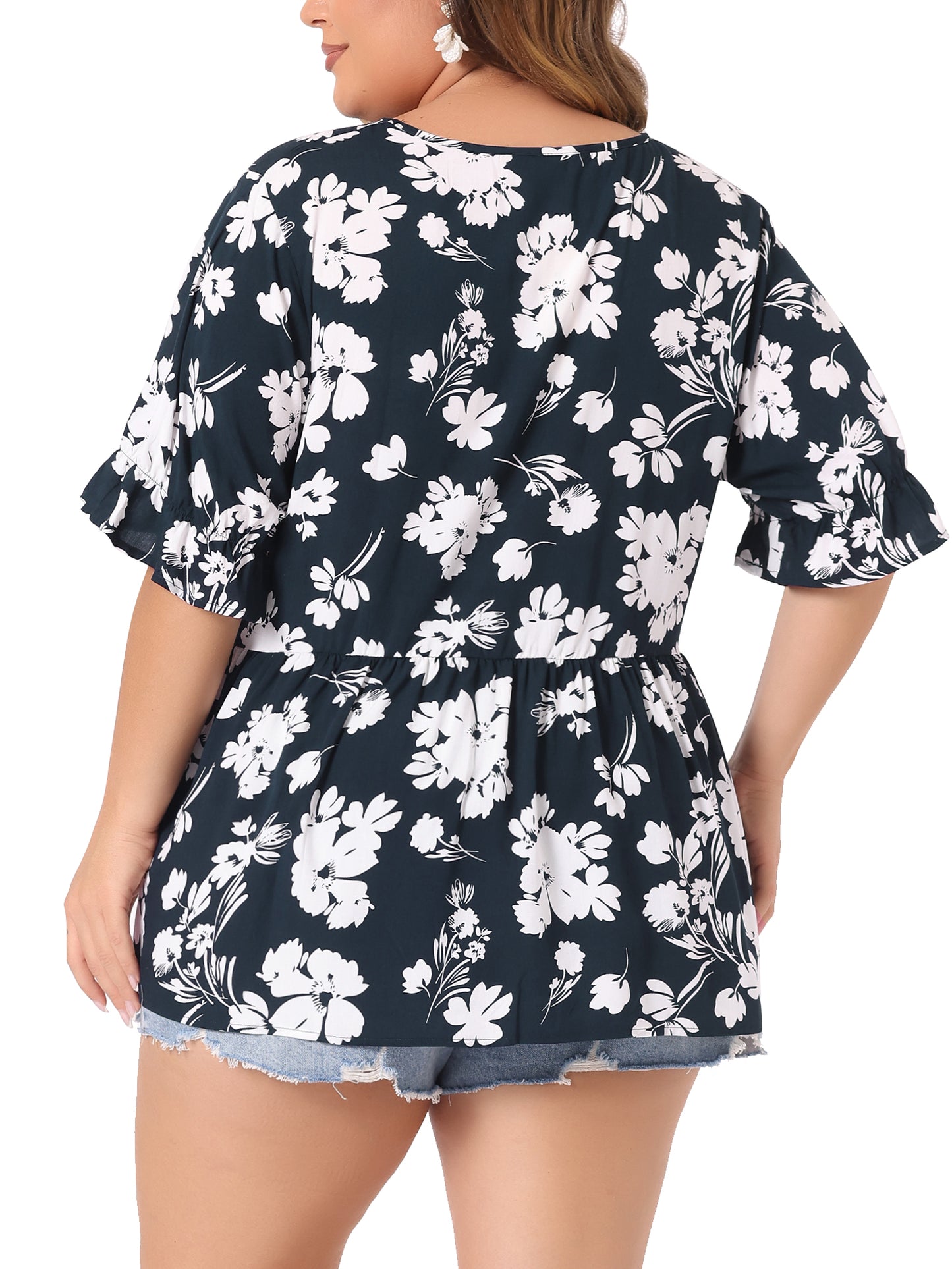 Women's Plus Size Top V Neck Floral Print Ruffle Short Sleeve Tiered Babydoll Blouse