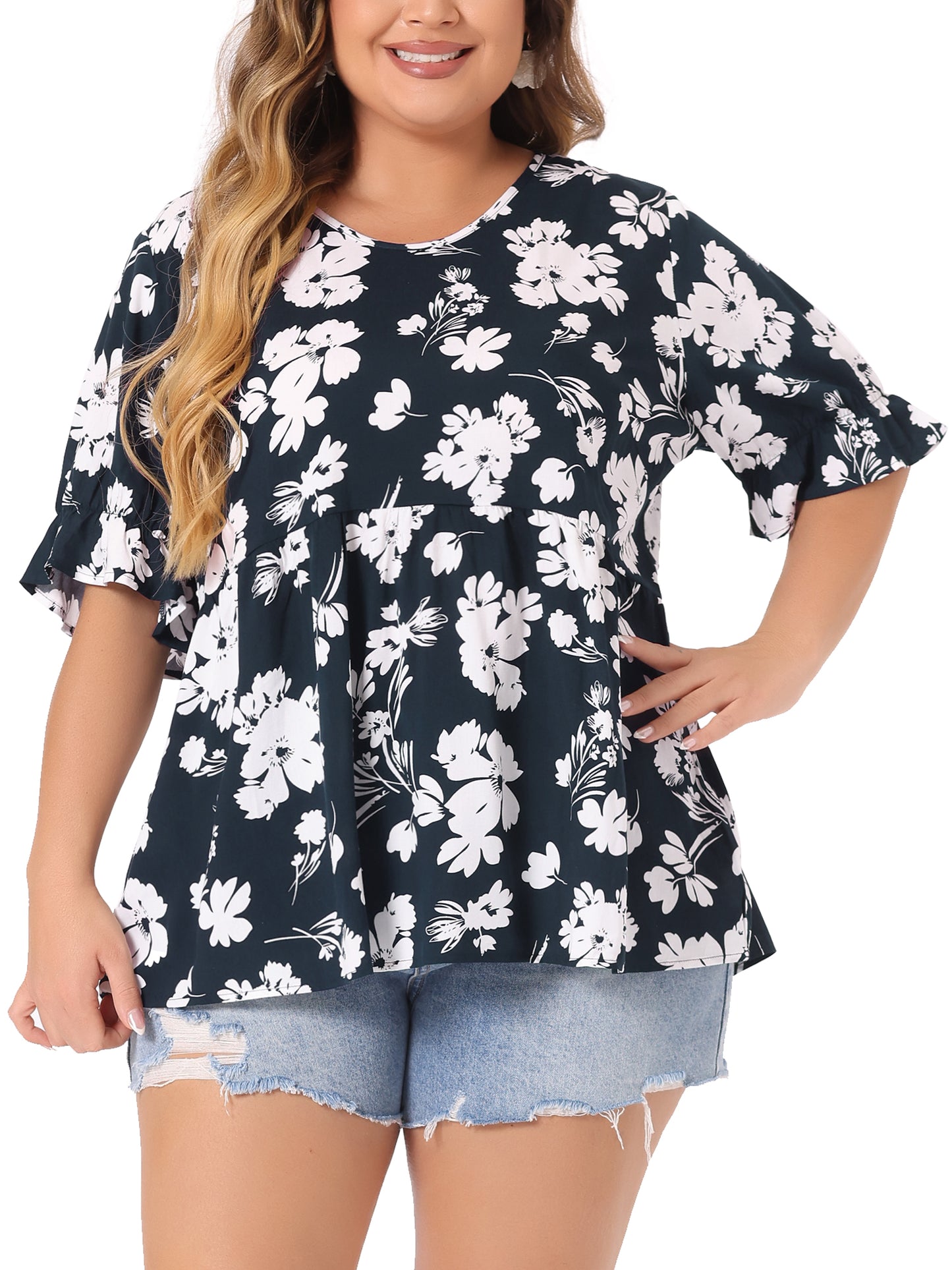 Women's Plus Size Top V Neck Floral Print Ruffle Short Sleeve Tiered Babydoll Blouse
