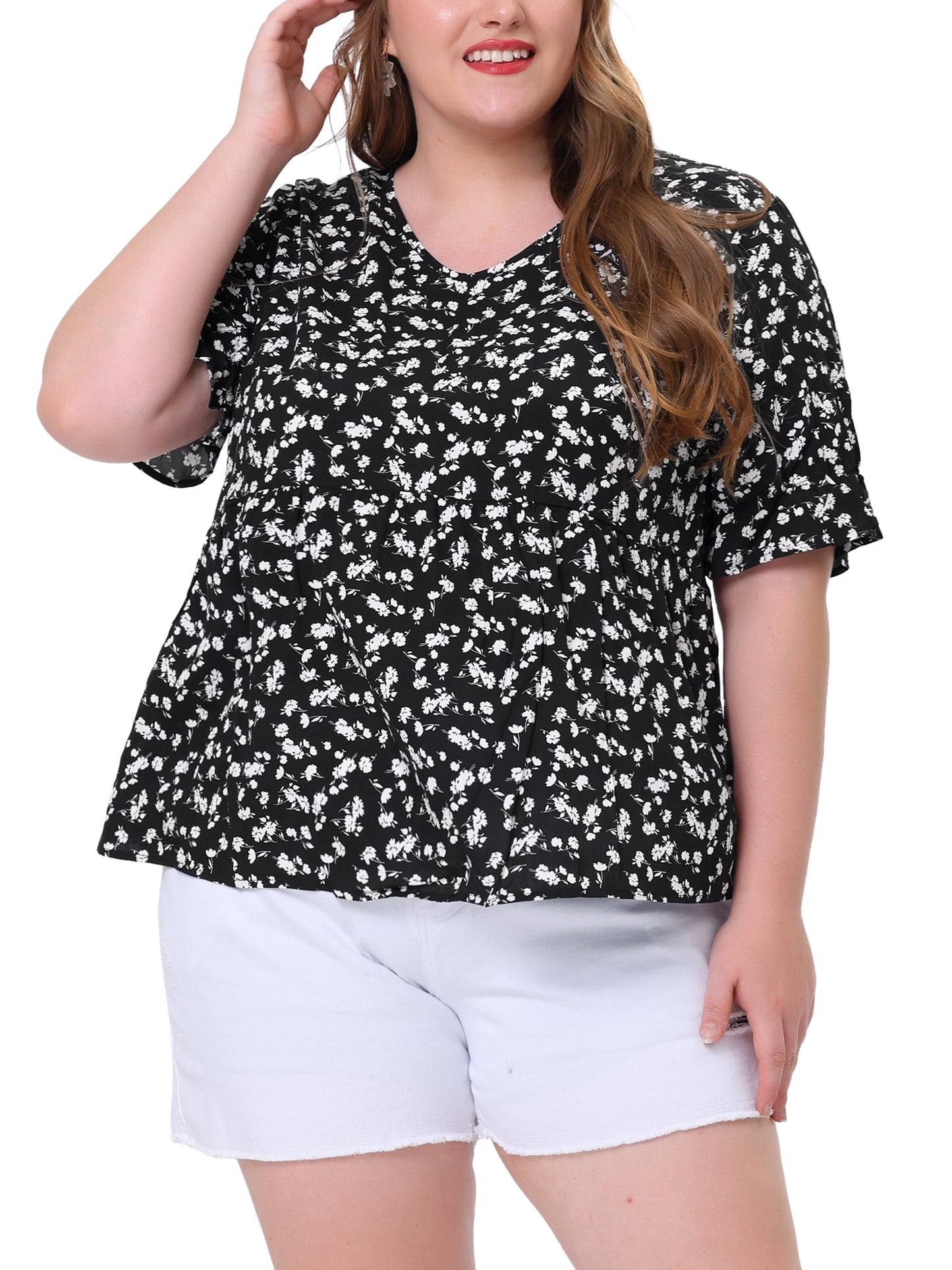 Women's Plus Size Top V Neck Floral Print Ruffle Short Sleeve Tiered Babydoll Blouse
