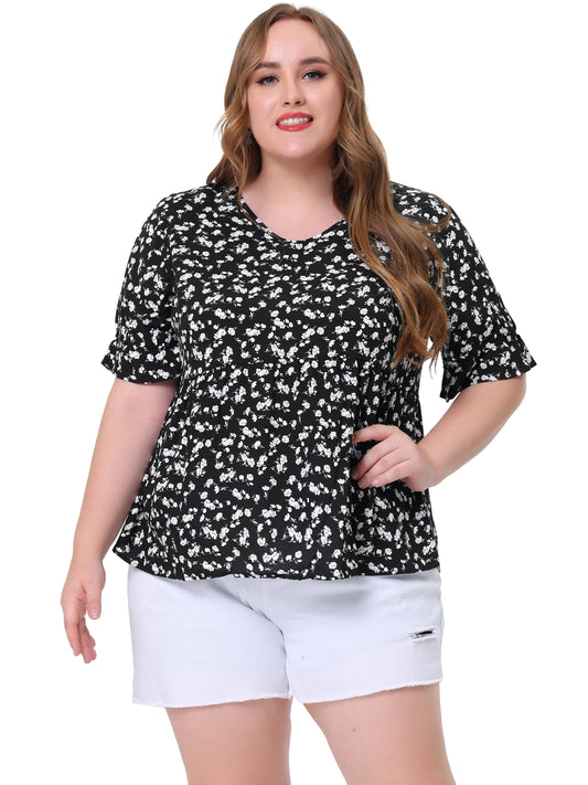 Women's Plus Size Top V Neck Floral Print Ruffle Short Sleeve Tiered Babydoll Blouse