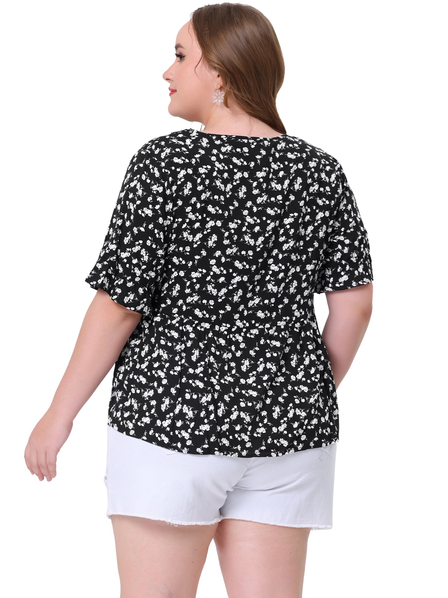 Women's Plus Size Top V Neck Floral Print Ruffle Short Sleeve Tiered Babydoll Blouse