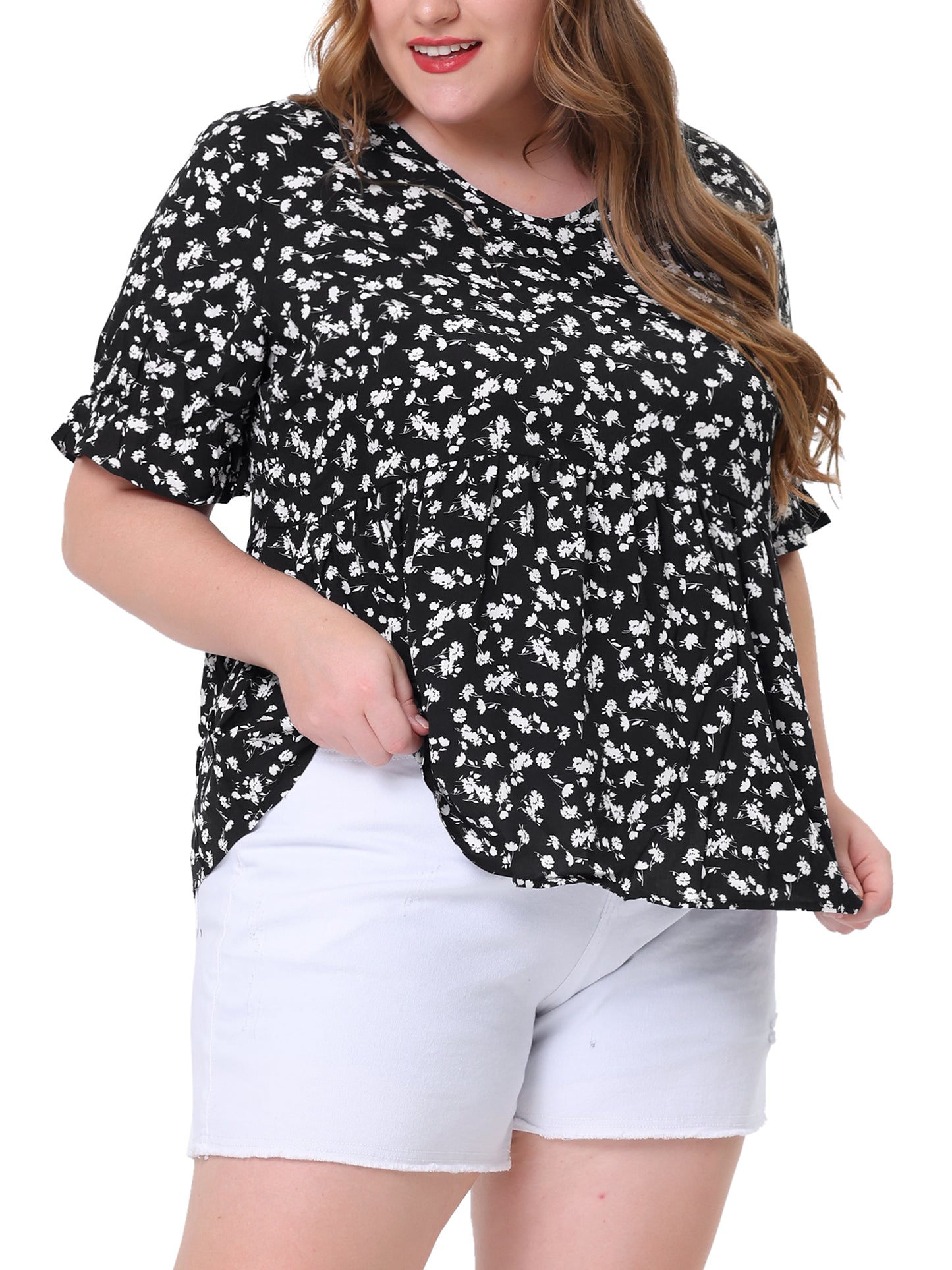 Women's Plus Size Top V Neck Floral Print Ruffle Short Sleeve Tiered Babydoll Blouse