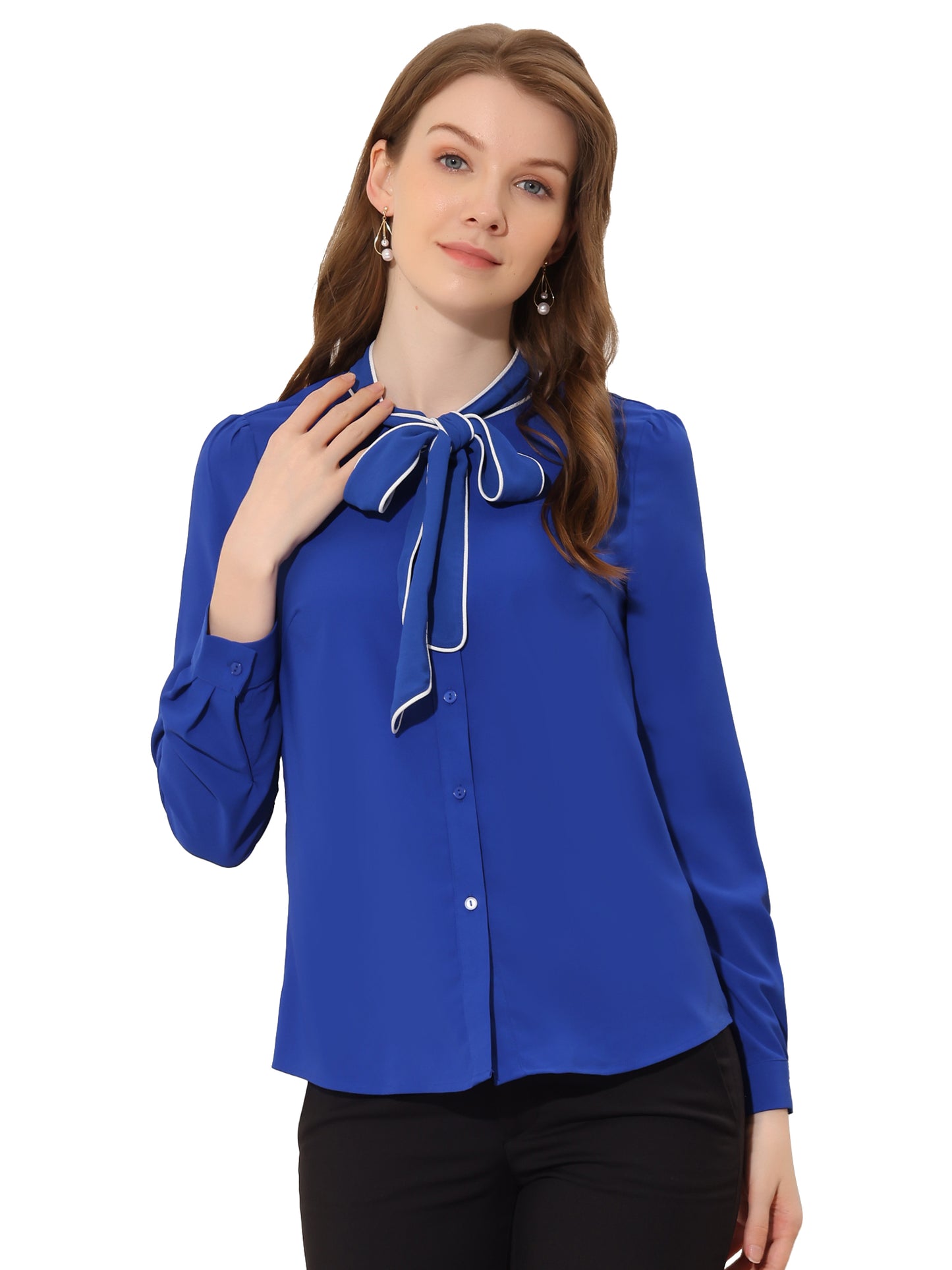 Women's Long Sleeve Bow Tie Button Down Business Casual Blouse Shirt (Available in Plus Size)