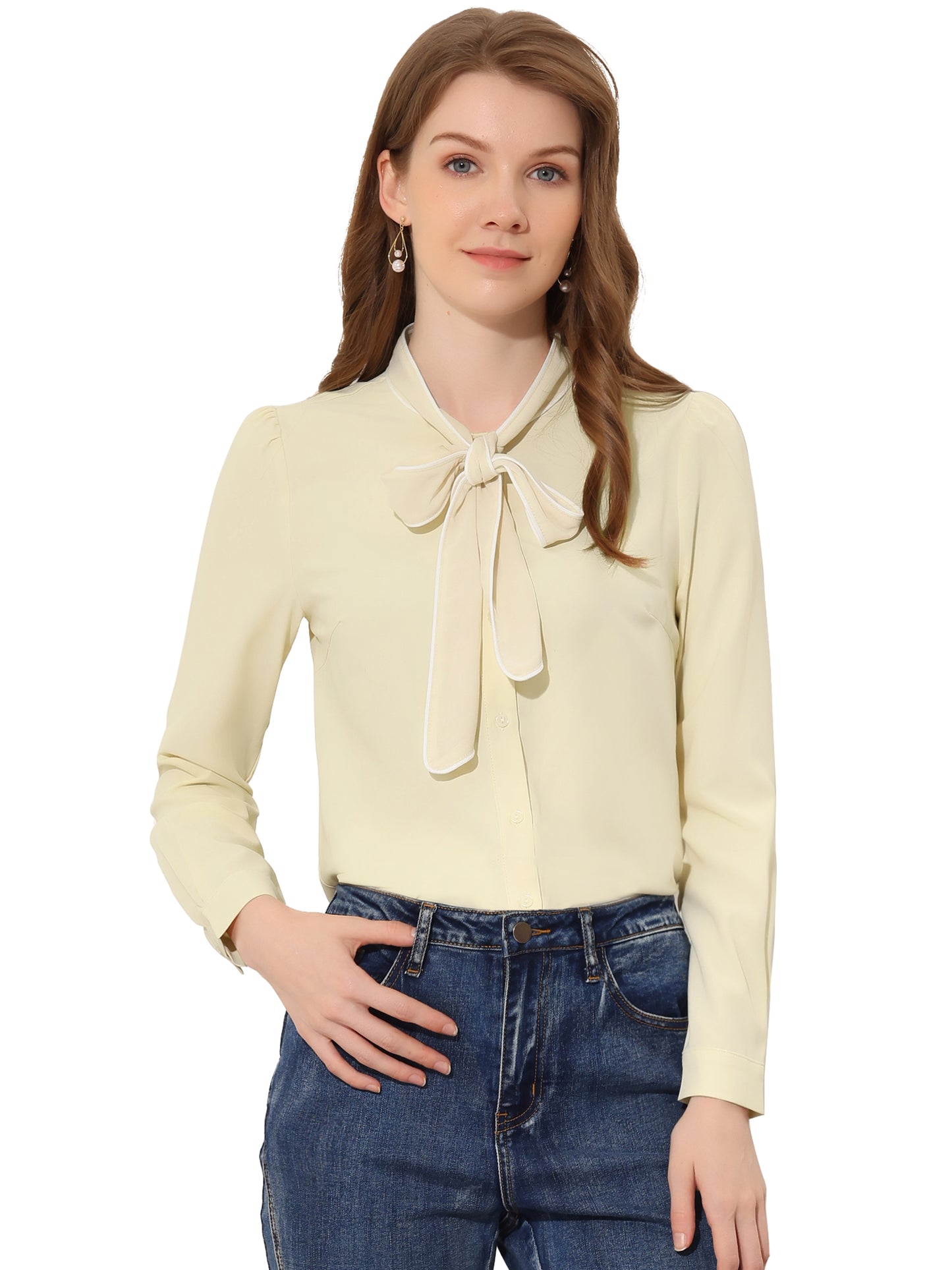 Women's Long Sleeve Bow Tie Button Down Business Casual Blouse Shirt (Available in Plus Size)