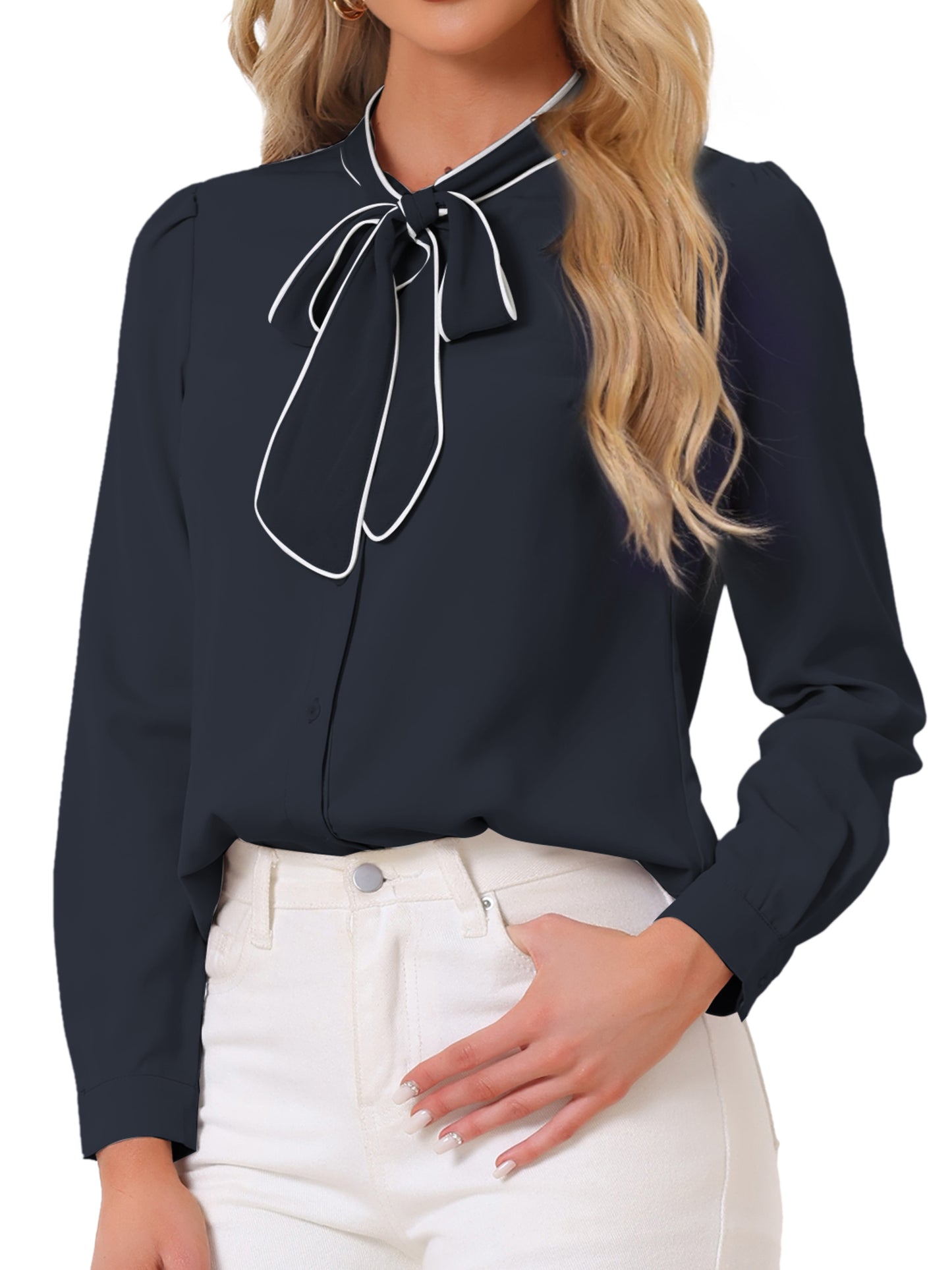 Women's Long Sleeve Bow Tie Button Down Business Casual Blouse Shirt (Available in Plus Size)