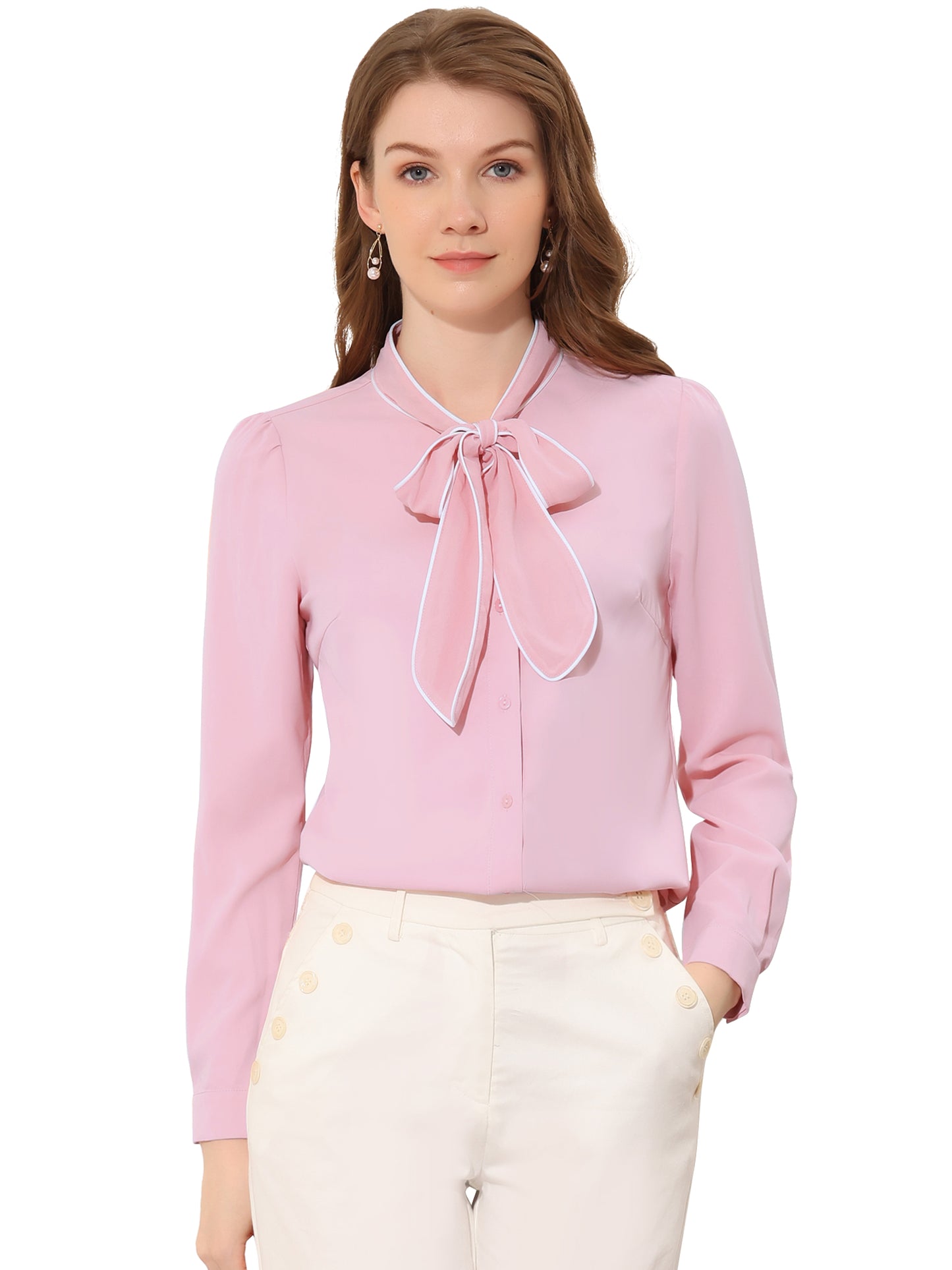Women's Long Sleeve Bow Tie Button Down Business Casual Blouse Shirt (Available in Plus Size)