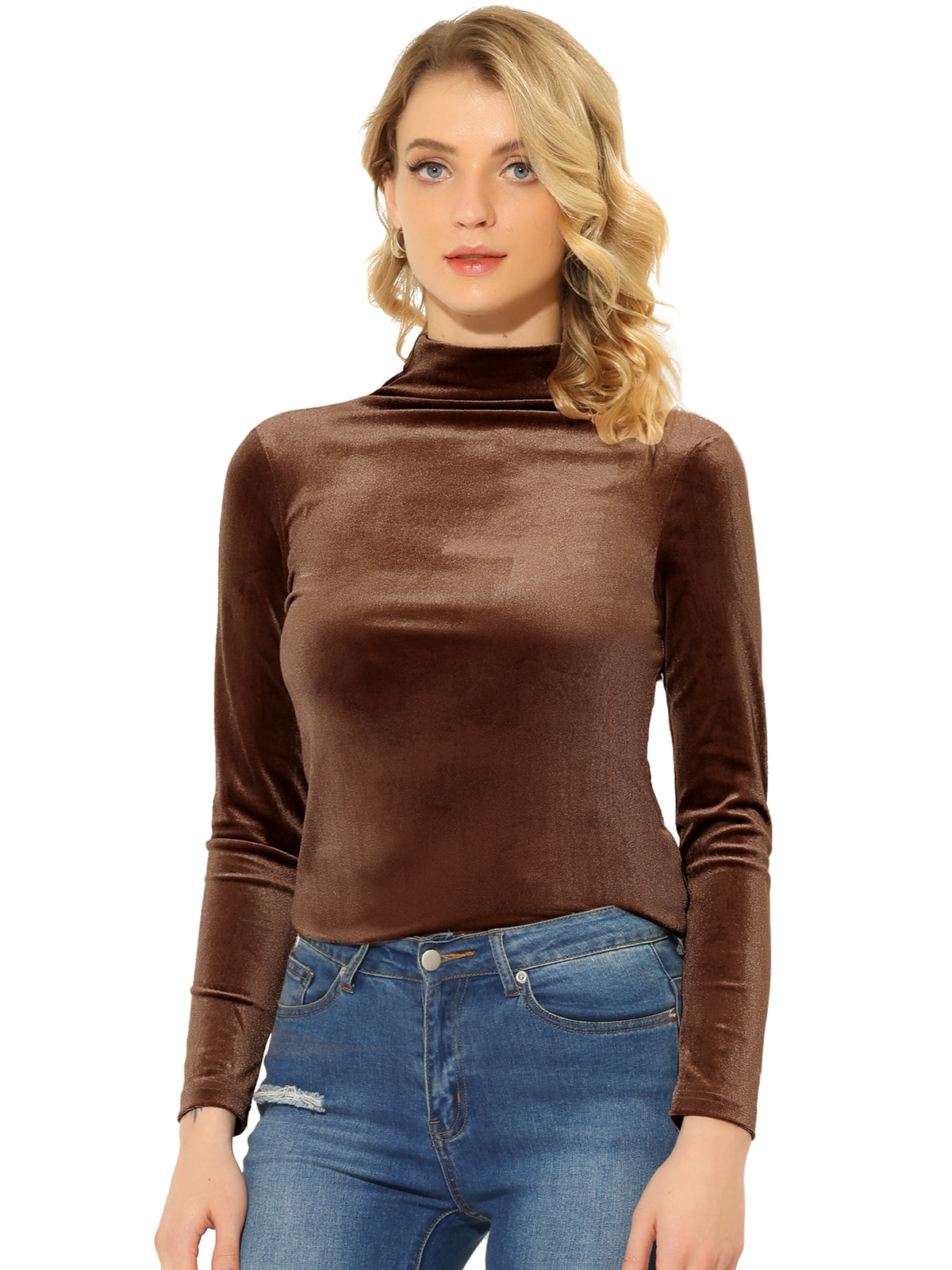 Women's Long Sleeve Shirt Mock Neck Velvet Turtleneck Blouse Tops