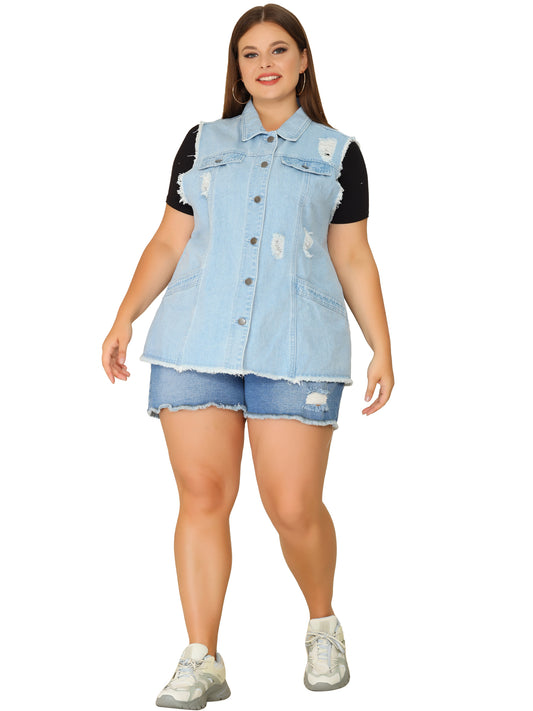 Chaqueta vaquera de talla grande para mujer, con botones, solapa delantera, deshilachada, lavada, sin mangas, chaleco vaquero largo
