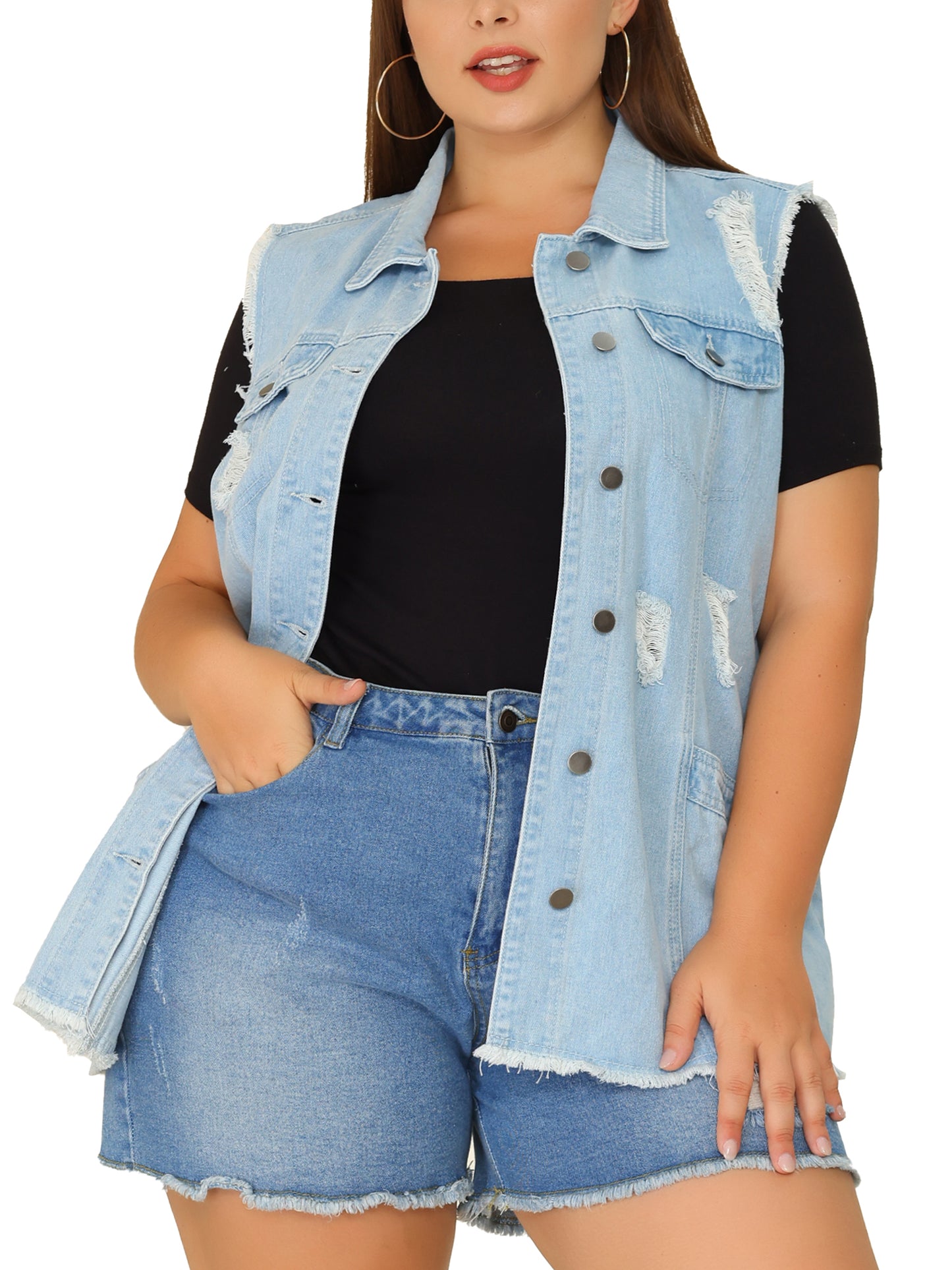 Chaqueta vaquera de talla grande para mujer, con botones, solapa delantera, deshilachada, lavada, sin mangas, chaleco vaquero largo