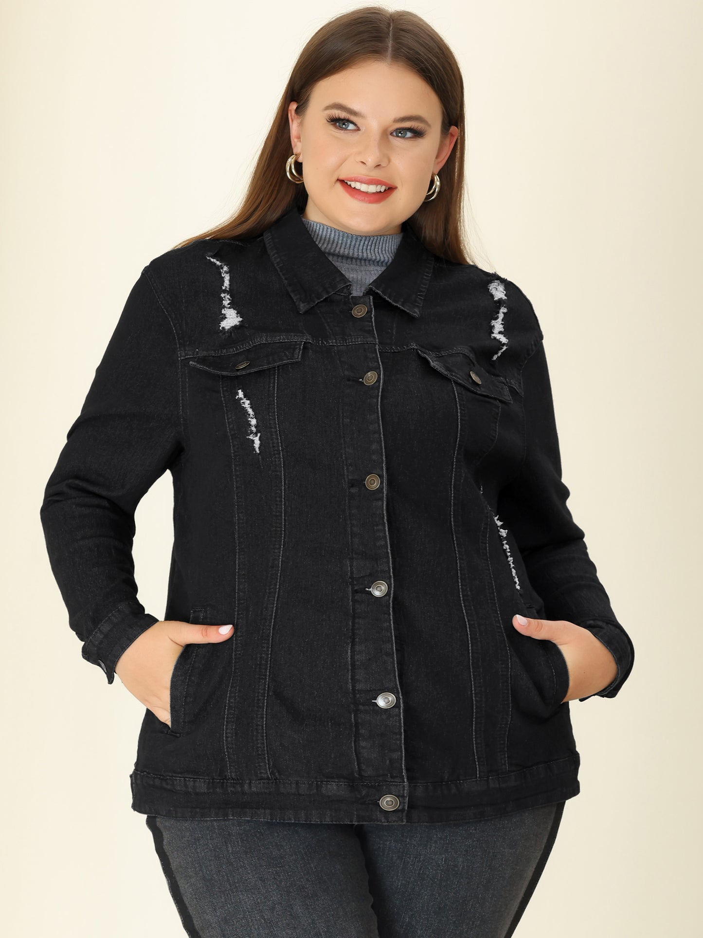 Women's Plus Size Jean Jacket Stitching Button Front Washed Denim Jacket