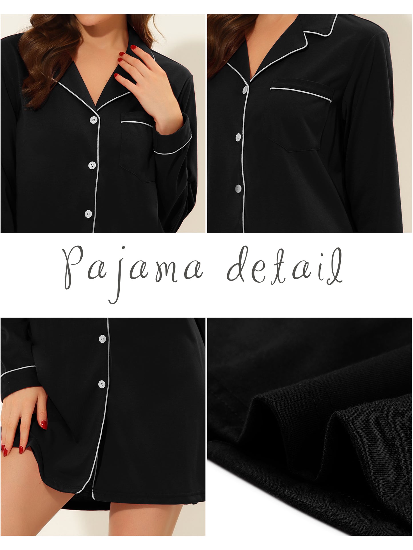 cheibear Pajamas Nightshirt Short Sleeves Button Down Shirt Dress Black