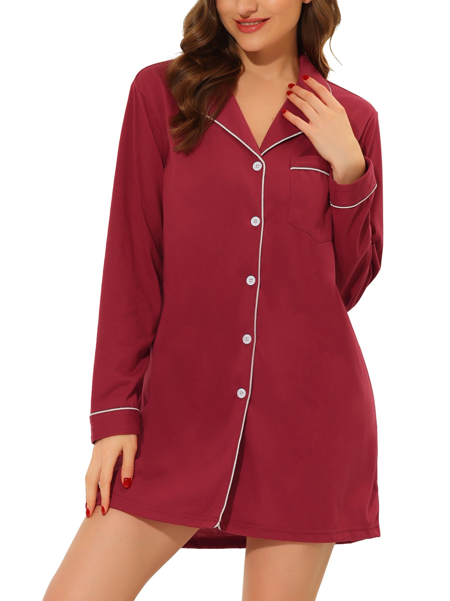 cheibear Pajamas Nightshirt Short Sleeves Button Down Shirt Dress Red