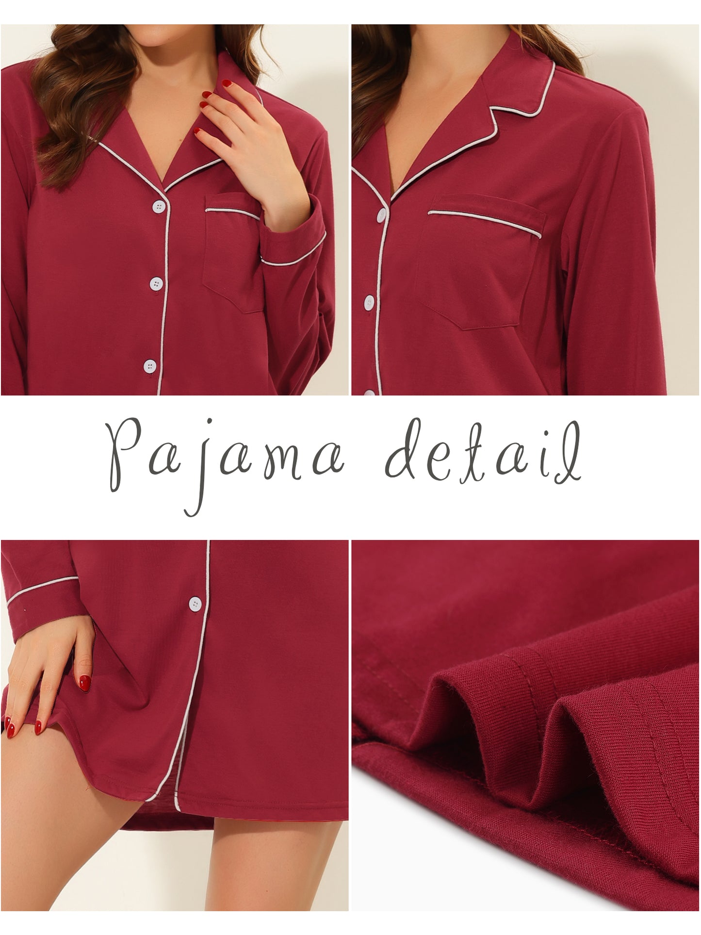 cheibear Pajamas Nightshirt Short Sleeves Button Down Shirt Dress Red