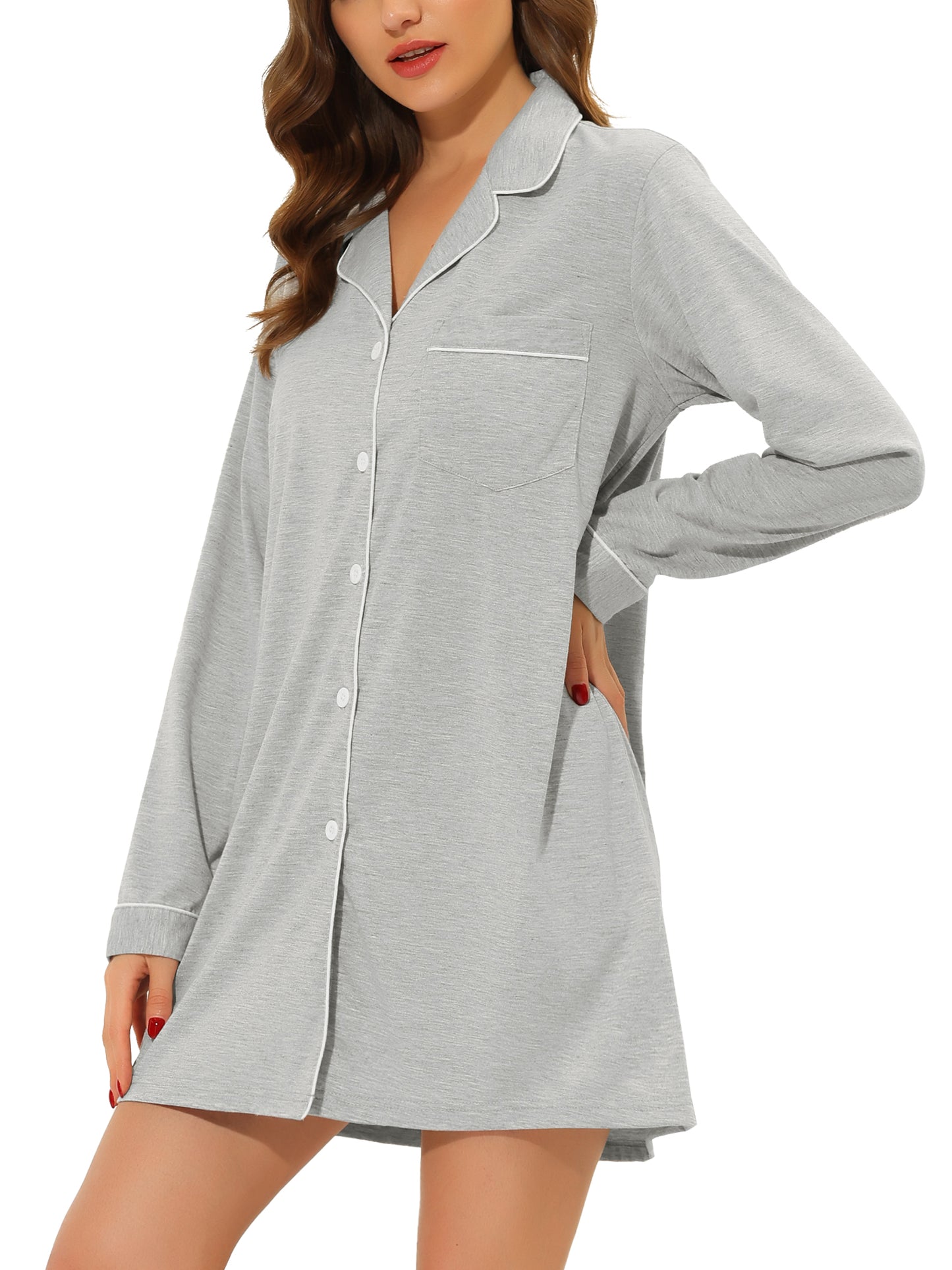 cheibear Pajamas Nightshirt Short Sleeves Button Down Shirt Dress Gray