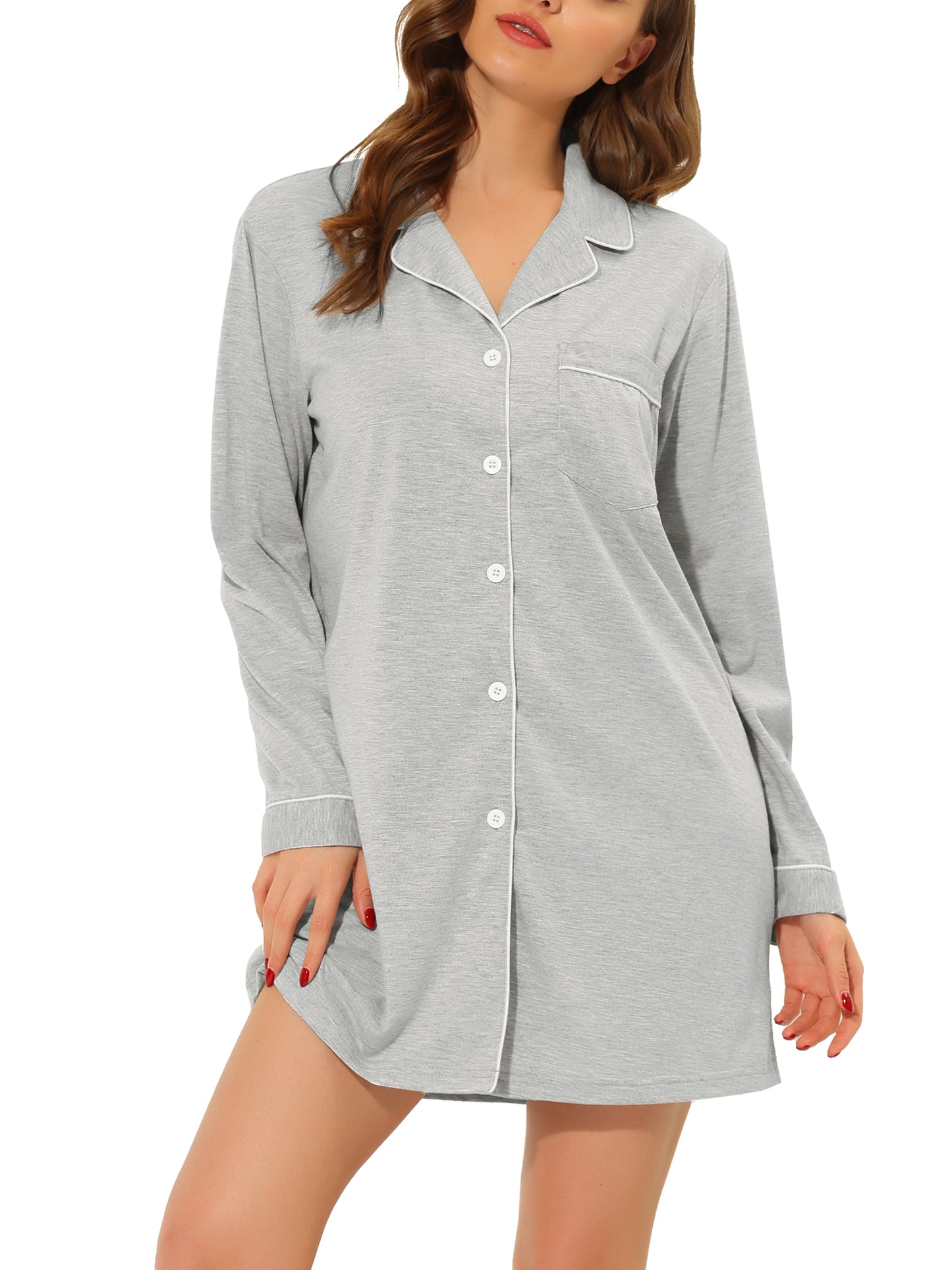 cheibear Pajamas Nightshirt Short Sleeves Button Down Shirt Dress Gray