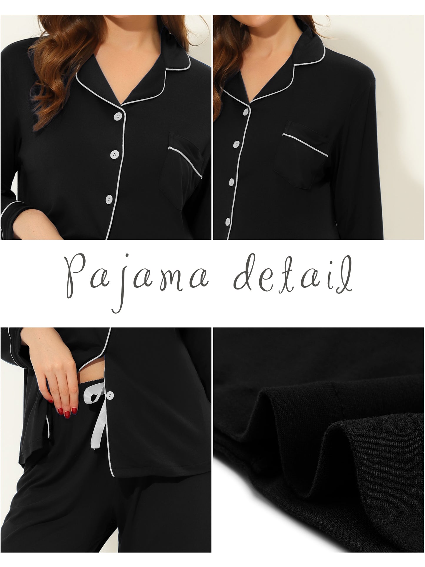 cheibear Pajama Sleep Shirt Nightwear Sleepwear Lounge Modal Pj Sets Black