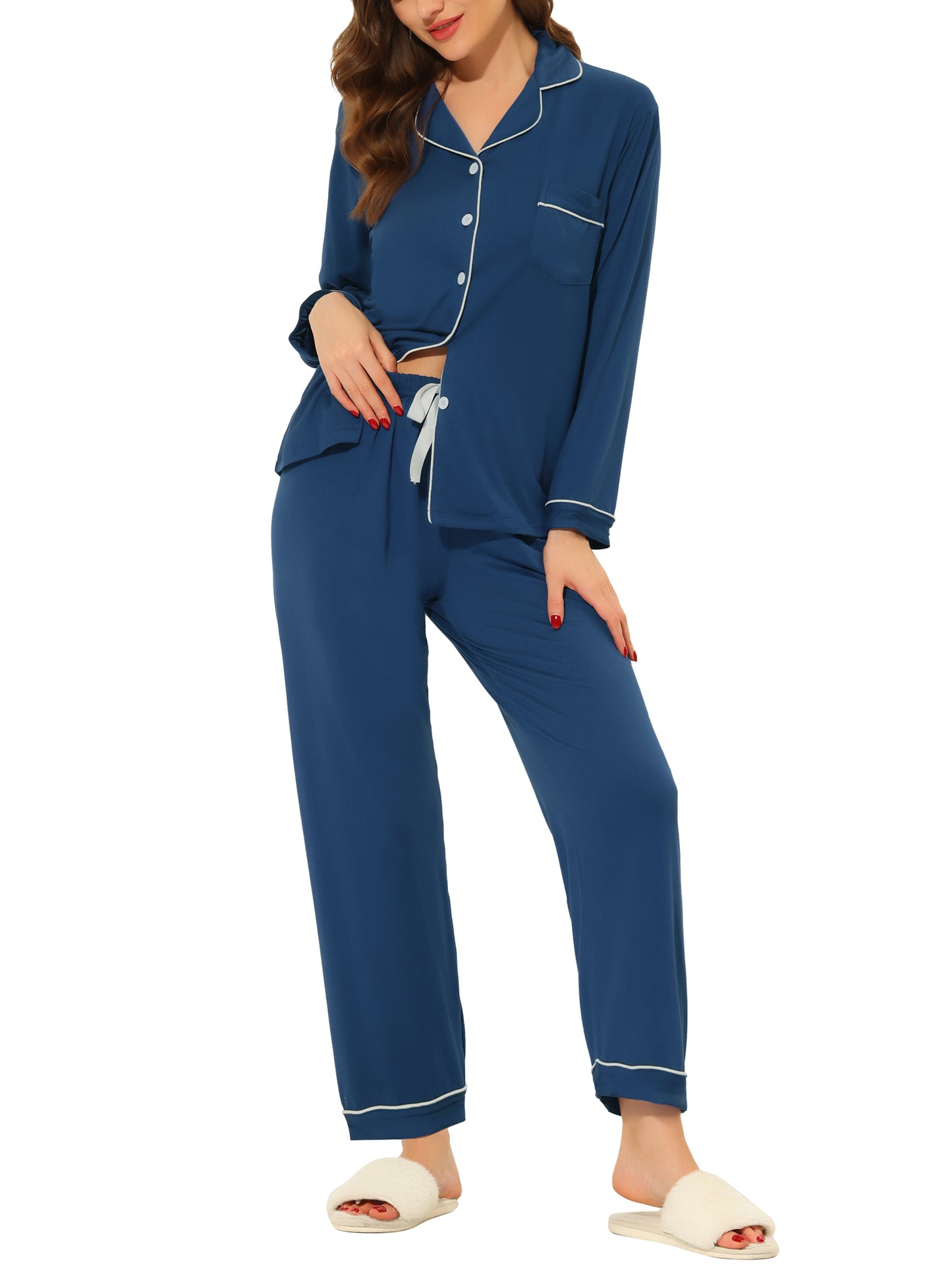 cheibear Pajama Sleep Shirt Nightwear Sleepwear Lounge Modal Pj Sets Blue