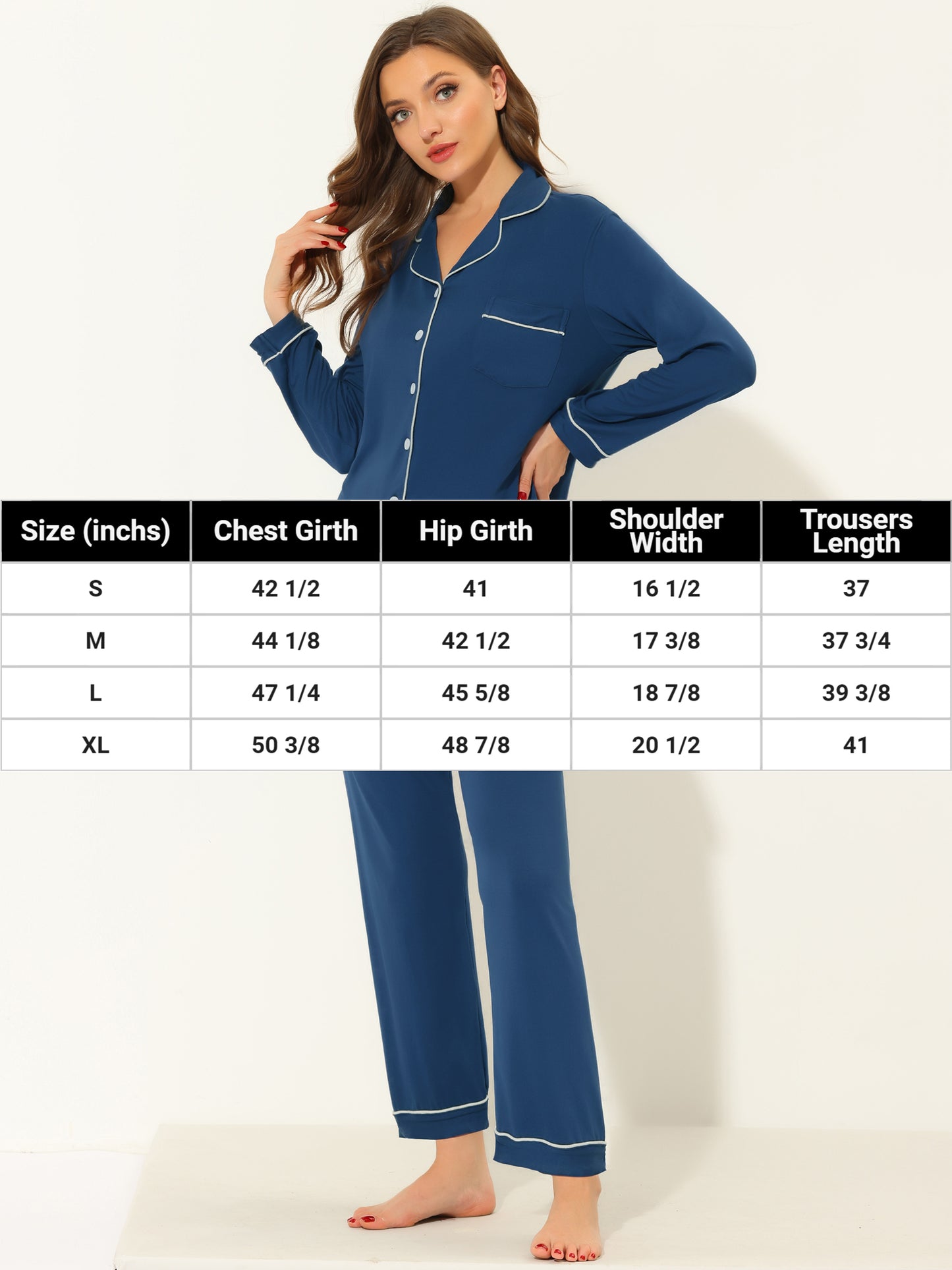 cheibear Pajama Sleep Shirt Nightwear Sleepwear Lounge Modal Pj Sets Blue