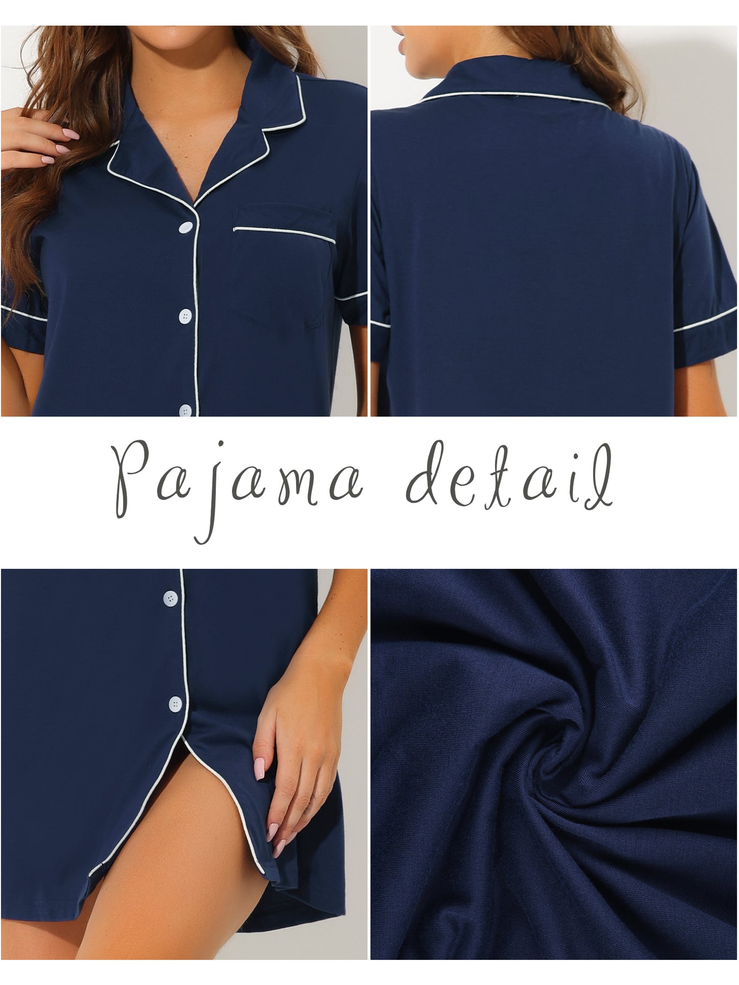 cheibear Lounge Short Sleeves Button Down Pajama Shirt Dress Blue