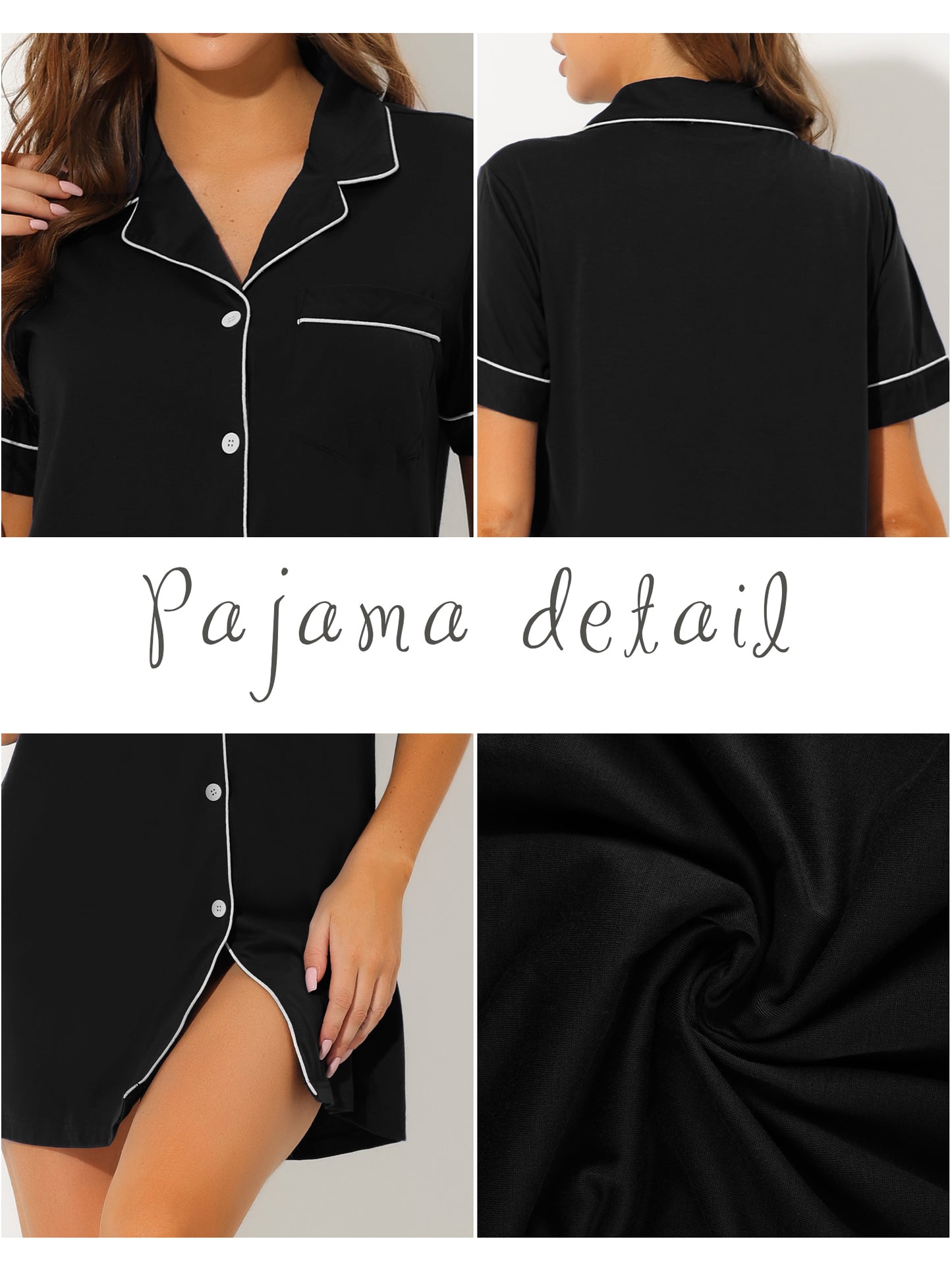 cheibear Lounge Short Sleeves Button Down Pajama Shirt Dress Black