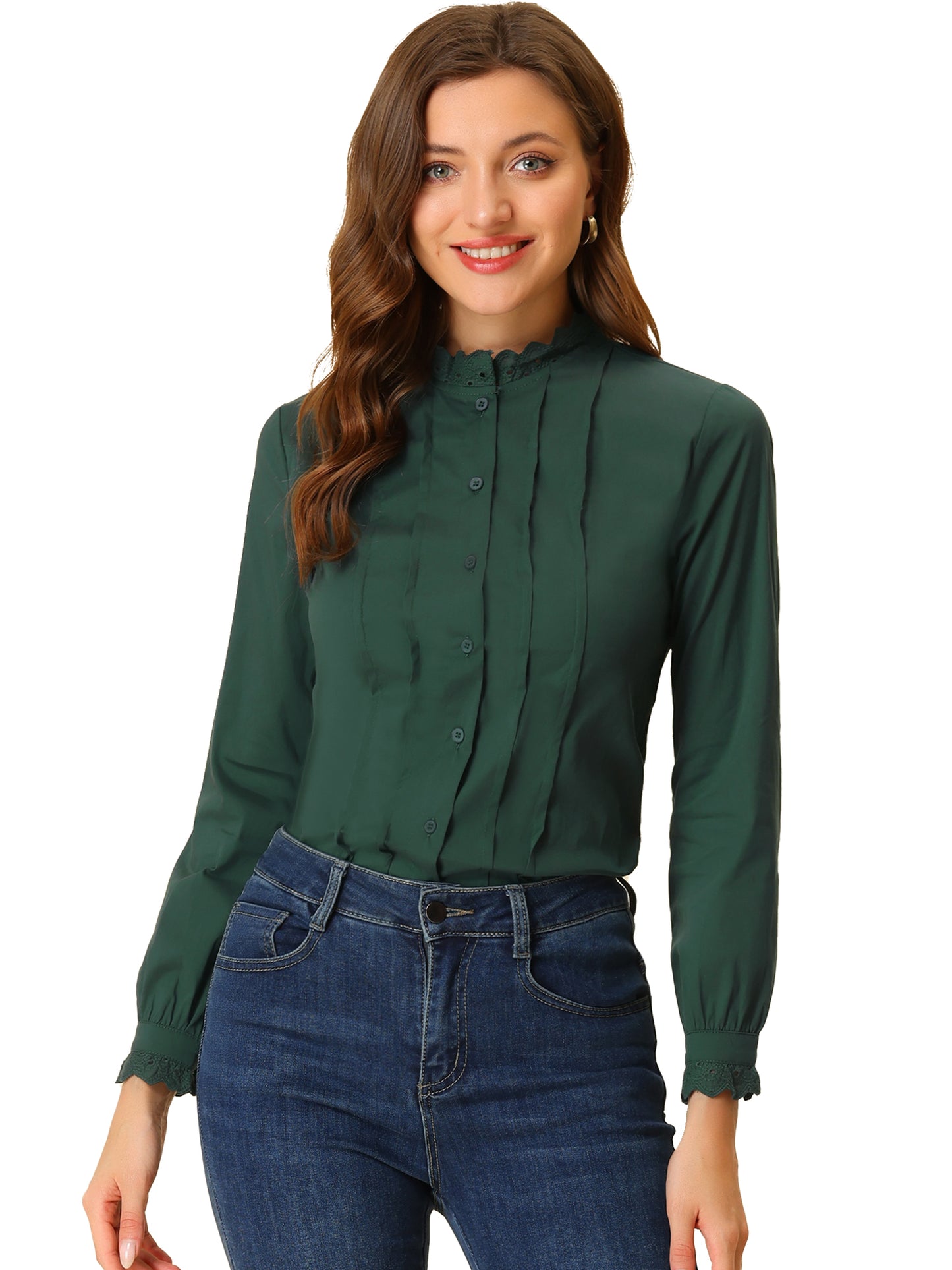 Women's Mock Neck Blouse Ruffle Work Office Cotton Pleated Button Up Shirt