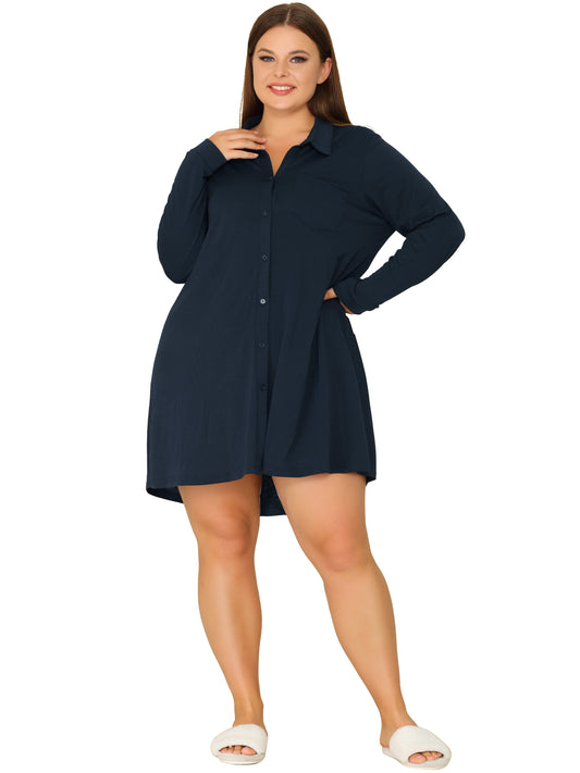 Women Plus Size Nightshirt Long Sleeve Button Down Nightgown V-Neck Sleepwear Pajama Dress