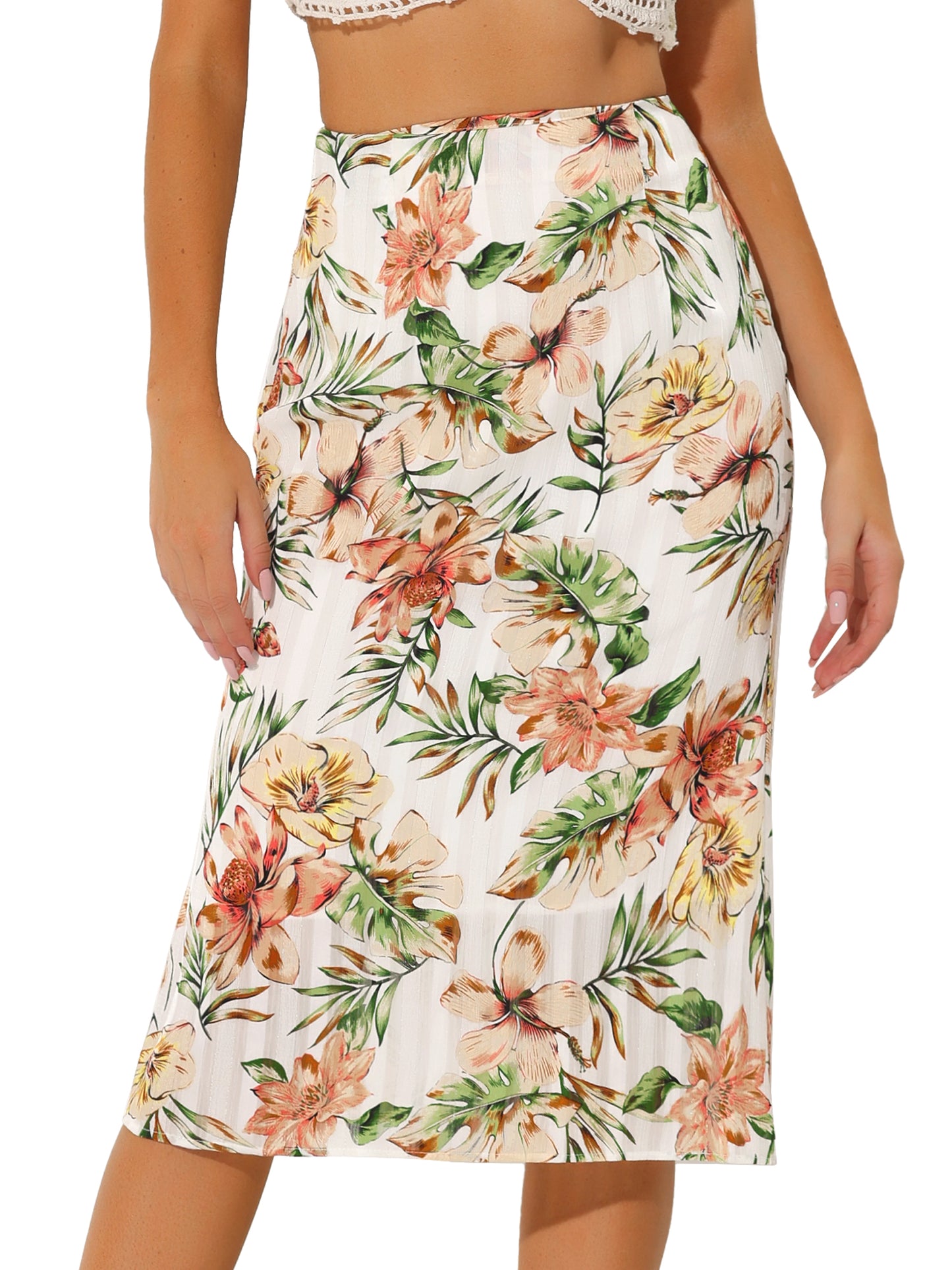 Falda tubo midi de cintura alta de gasa floral para mujer