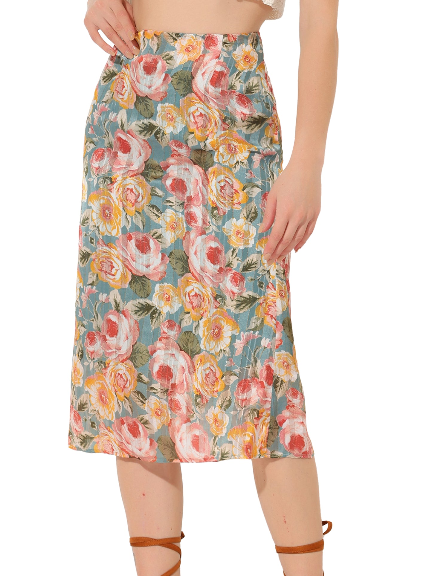 Falda tubo midi de cintura alta de gasa floral para mujer