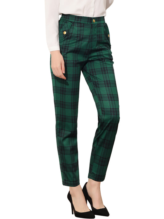 Women's Retro Tartan Plaid Pants Elastic Waist Straight Long Trousers (Available in Plus Size)